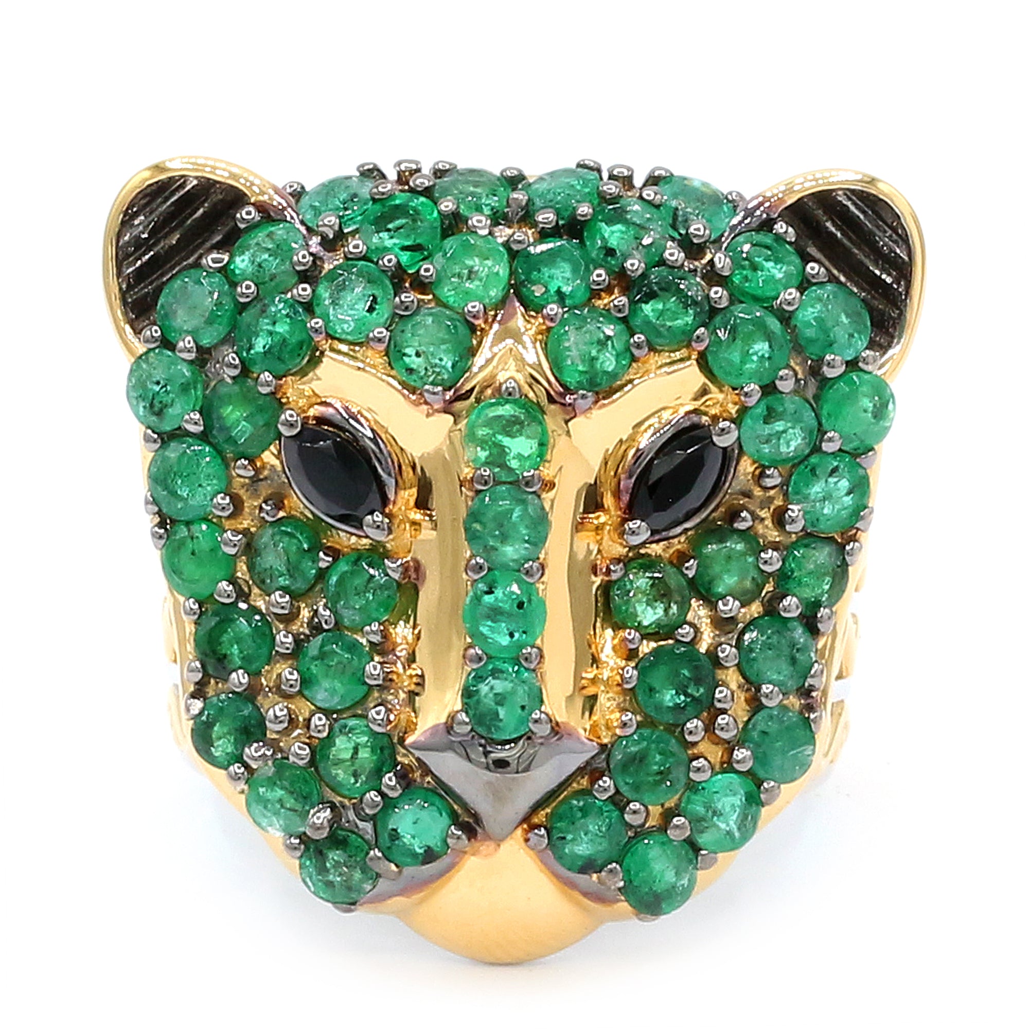 Gems en Vogue 24K Palladium Silver 3.99ctw Grizzly Emerald & Black Spinel Panther Ring