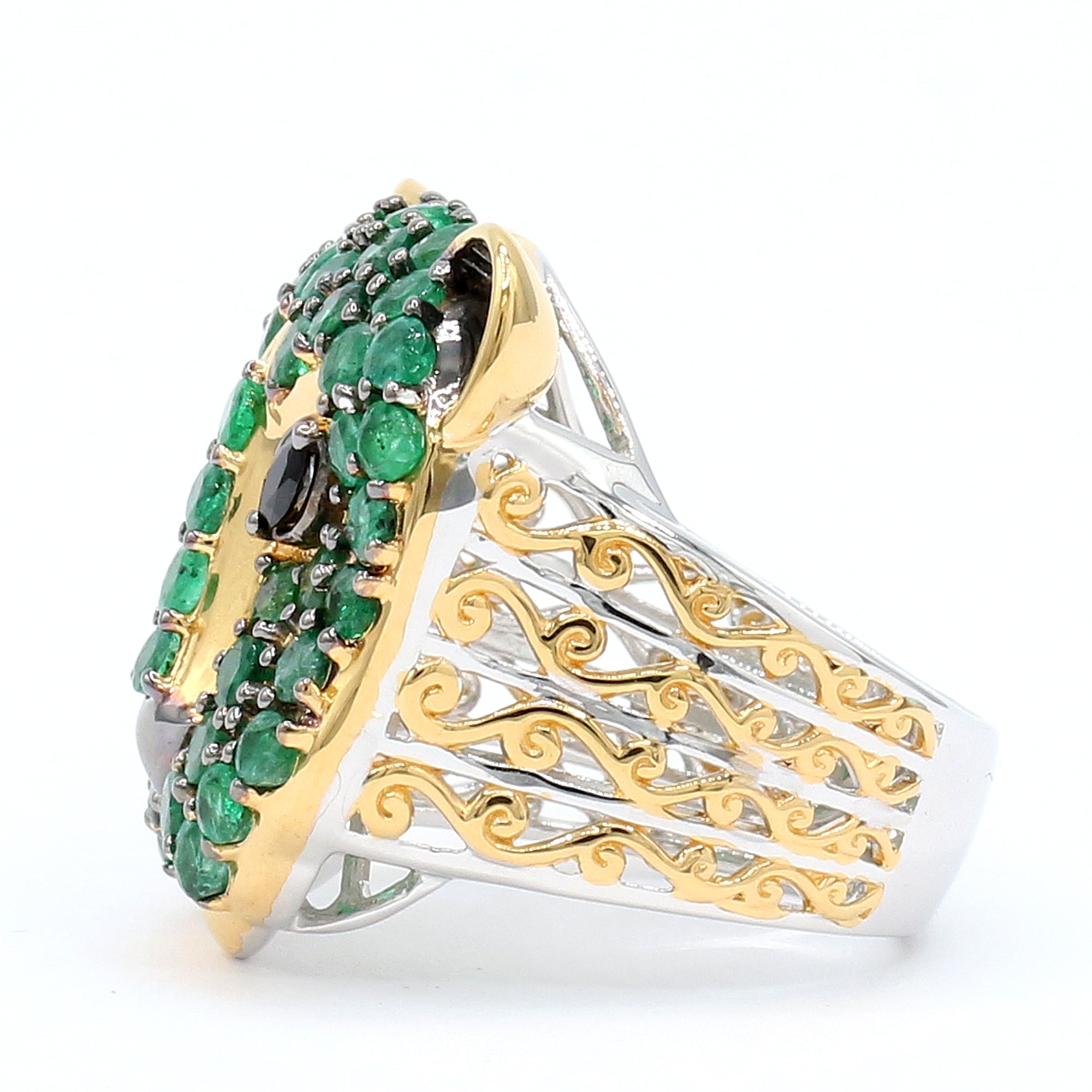 Gems en Vogue 24K Palladium Silver 3.99ctw Grizzly Emerald & Black Spinel Panther Ring