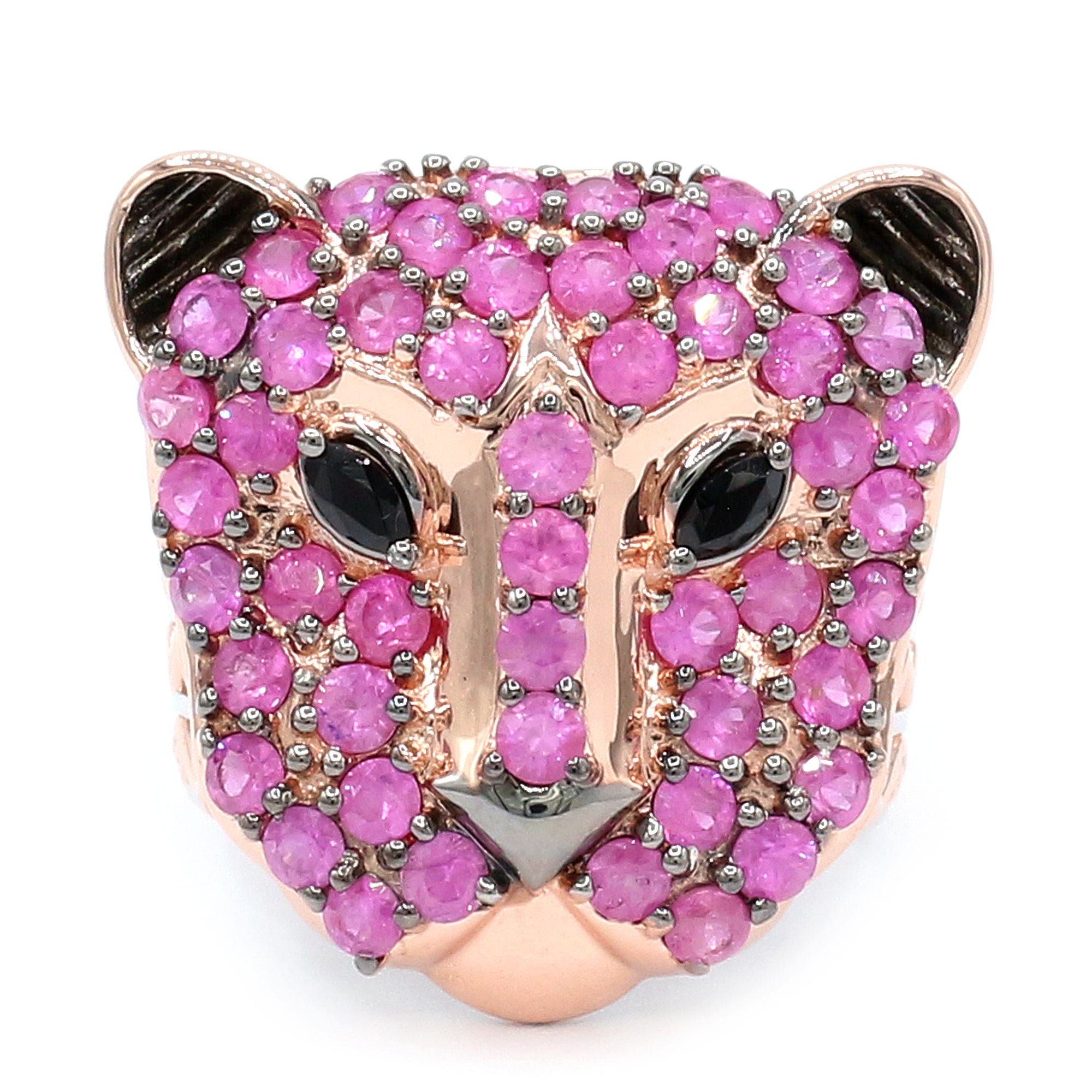 Gems en Vogue 18K Palladium Silver 3.99ctw Hot Pink Sapphire & Black Spinel Panther Ring