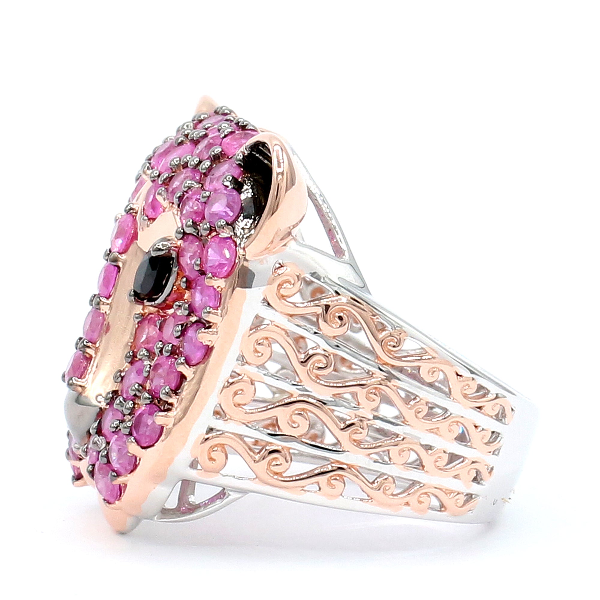 Gems en Vogue 18K Palladium Silver 3.99ctw Hot Pink Sapphire & Black Spinel Panther Ring