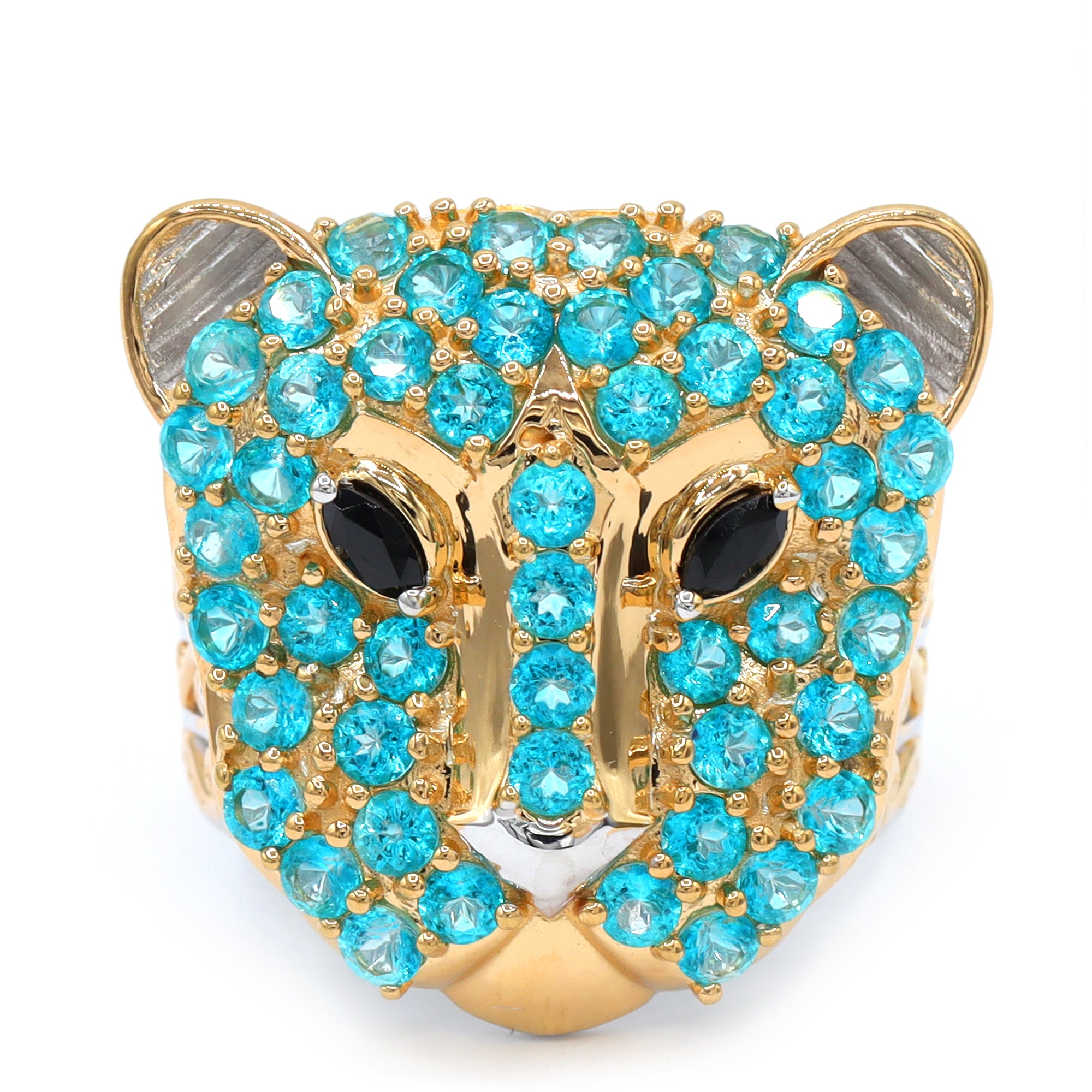 Gems en Vogue 24K Palladium Silver 3.99ctw Paraiba Topaz & Black Spinel Panther Ring