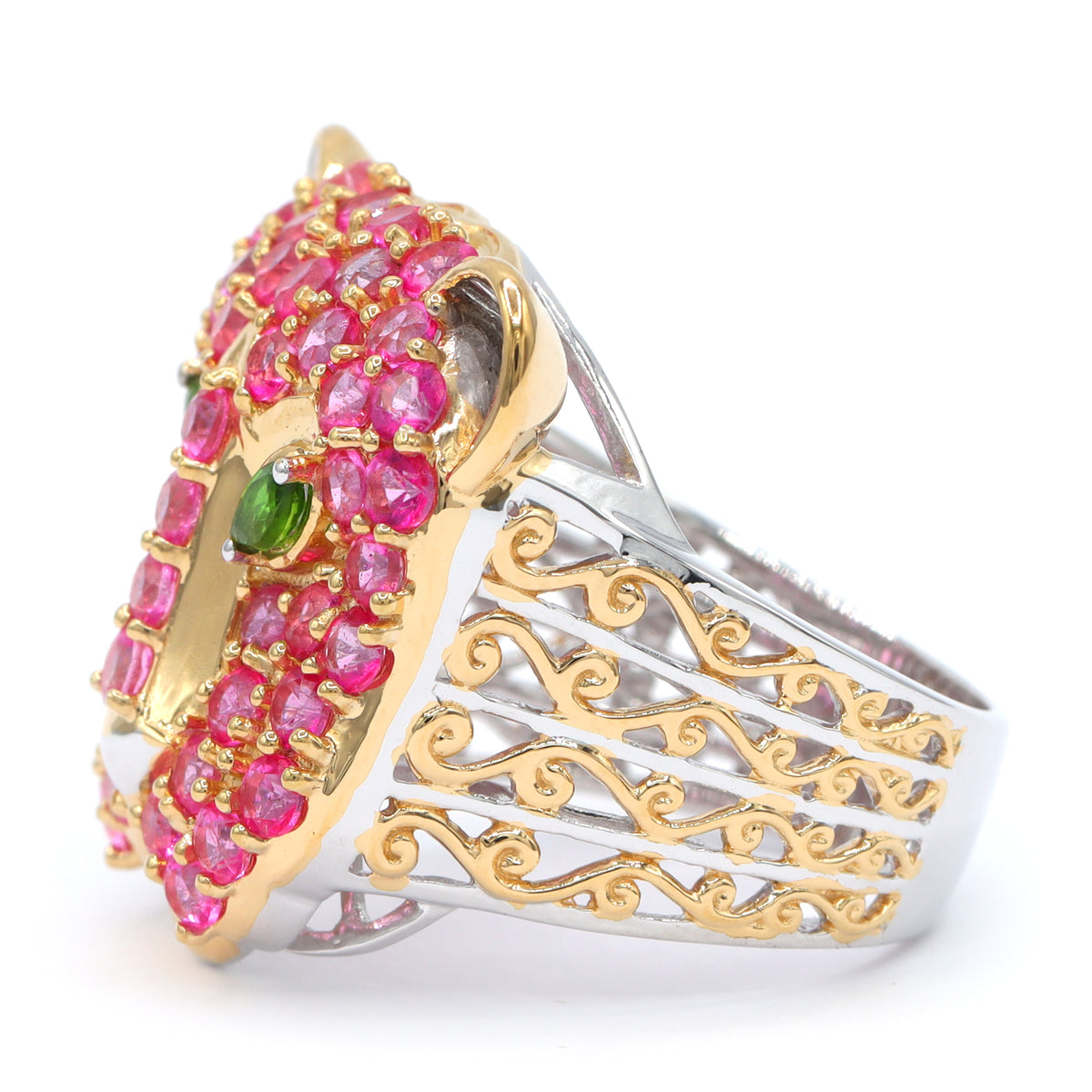 Gems en Vogue 24K Palladium Silver 3.99ctw Pink Topaz & Chrome Diopside Panther Ring