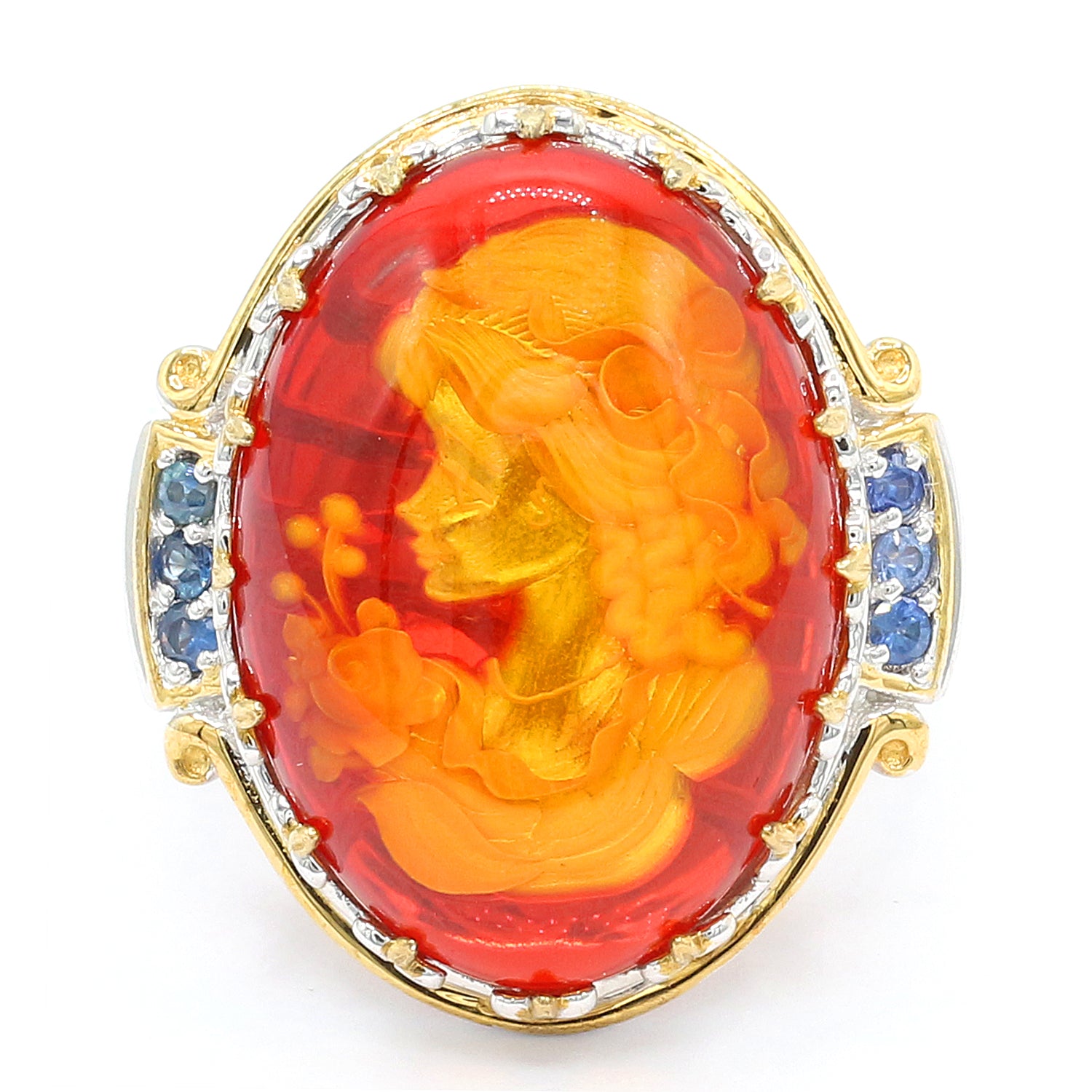 Gems en Vogue Carved Red Amber & Blue Sapphire Lady & Flower Ring