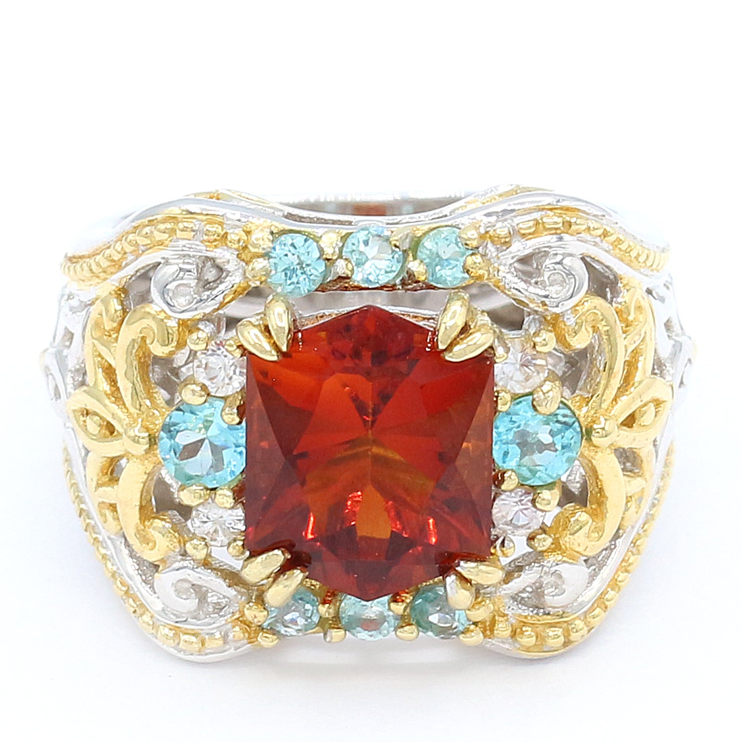 Gems en Vogue 3.10ctw Special Cut Red Citrine, Blue Zircon & White Sapphire Ring