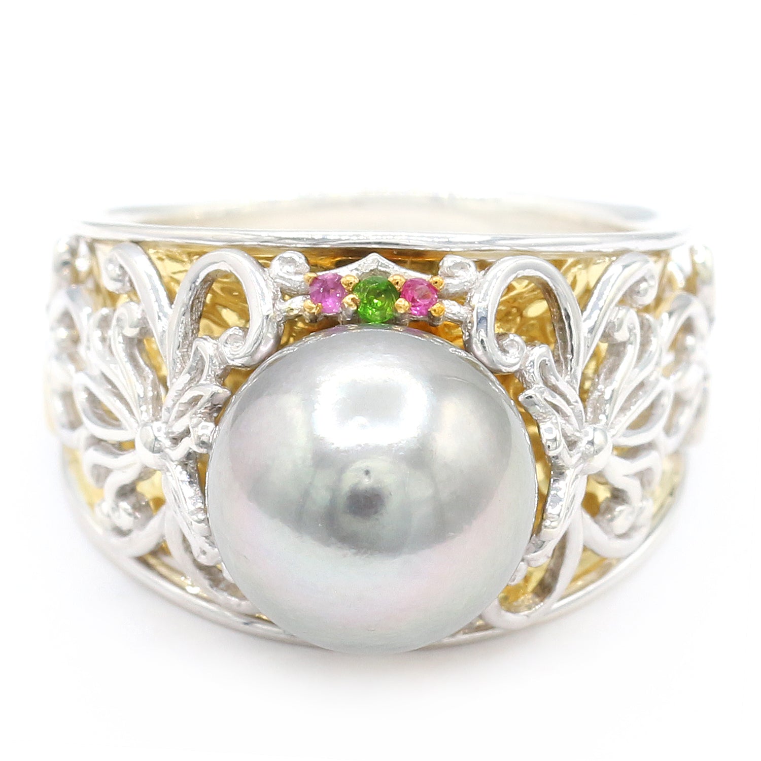 Gems en Vogue Choice of Color Tahitian Pearl, Chrome Diopside & Pink Sapphire Ring