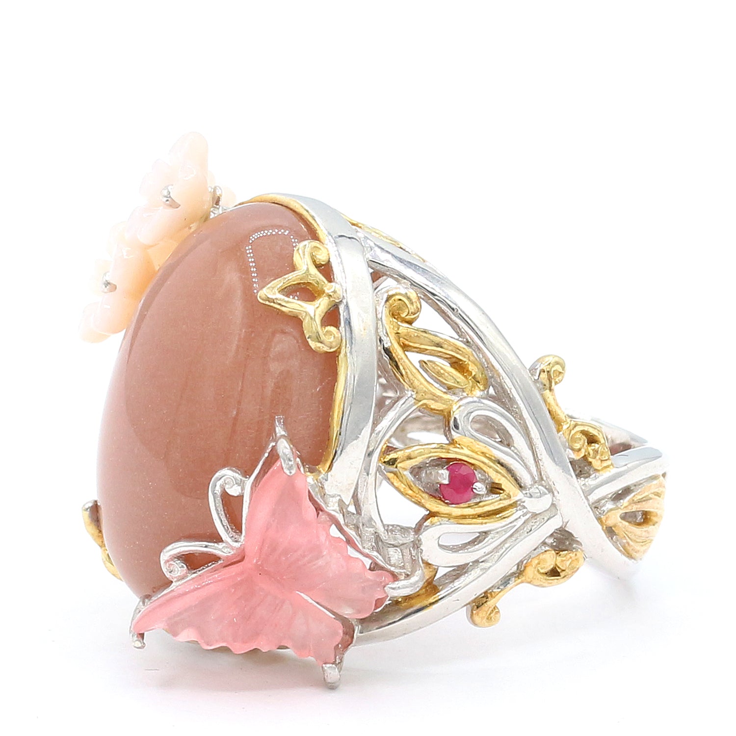 Gems en Vogue Peach Moonstone & Multi Gemstones Butterfly Ring
