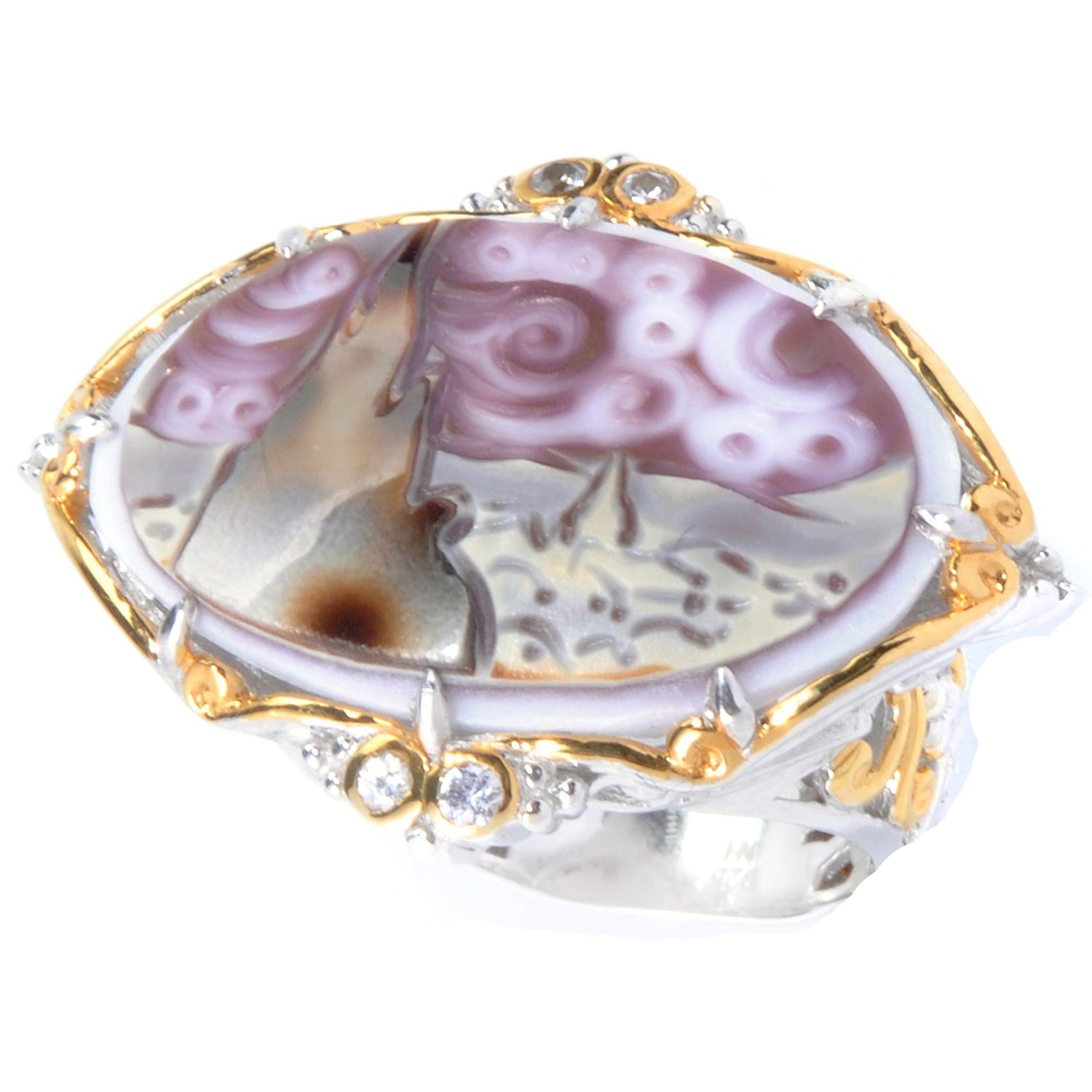 Gems en Vogue Carved Purple Tiger Shell Cameo & White Sapphire Ring