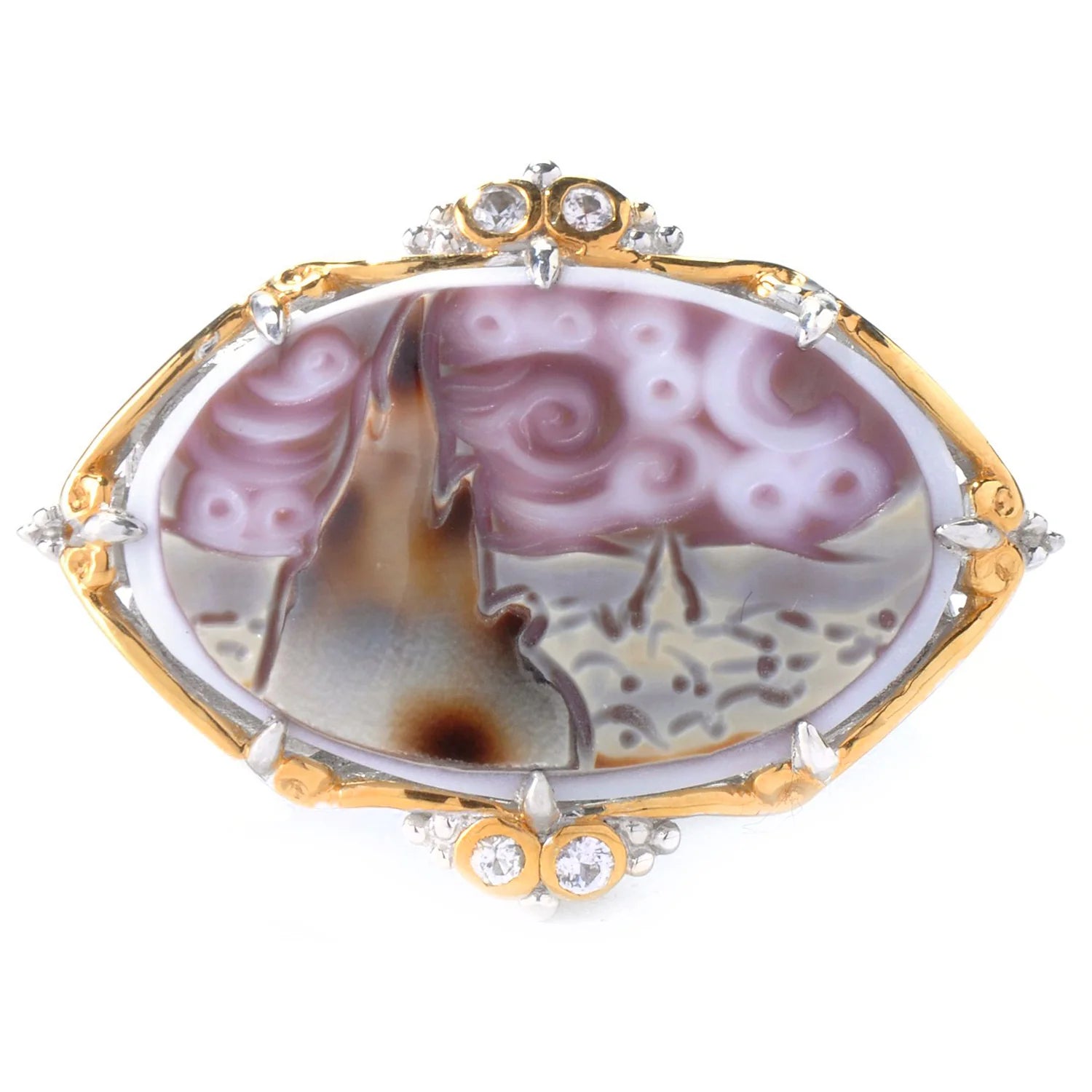 Gems en Vogue Carved Purple Tiger Shell Cameo & White Sapphire Ring