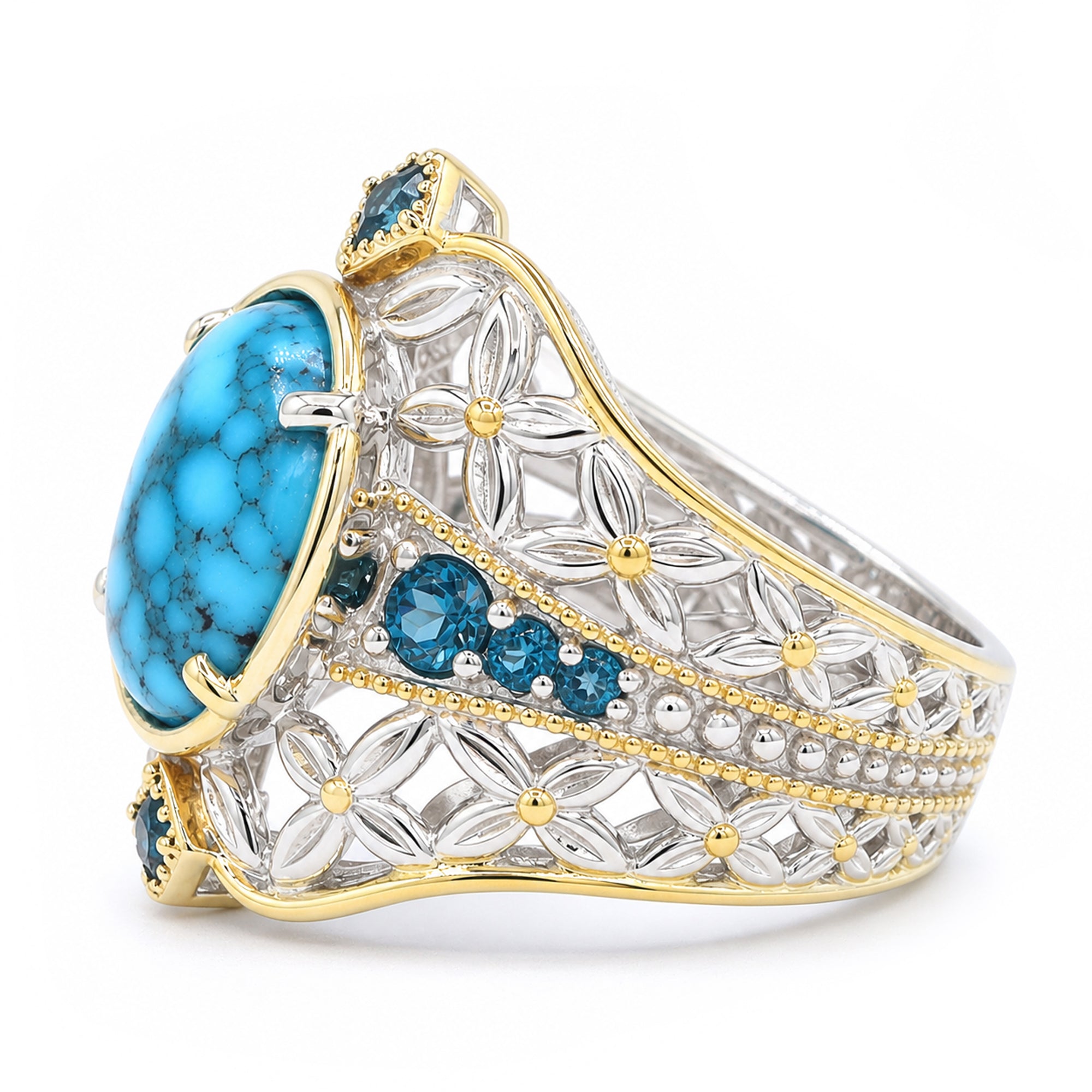 Gems en Vogue 24K Palladium Silver Spiderweb Turquoise & London Blue Topaz Ring