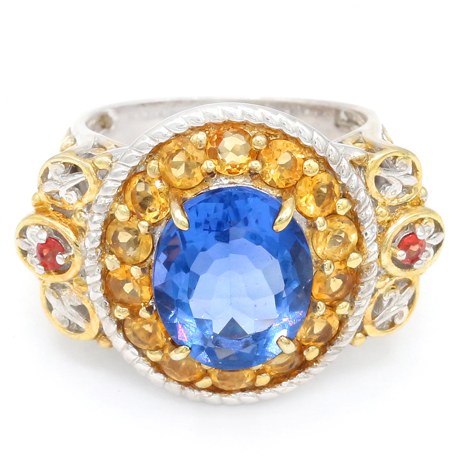 Gems en Vogue 6.95ctw Deep Blue Fluorite, Citrine & Orange Sapphire Ring