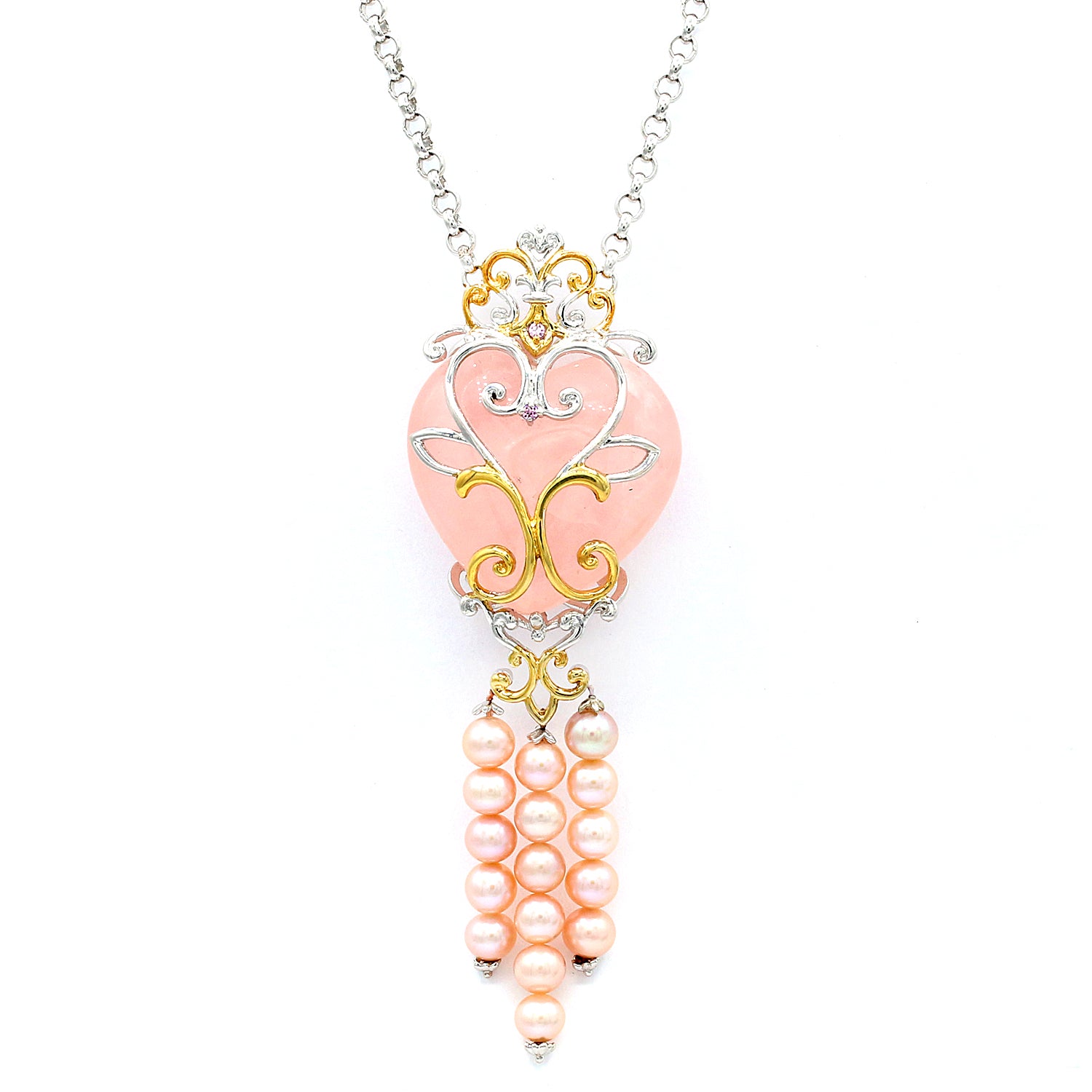 Gems en Vogue Rose Quartz, Ruby & Pink Pearl Heart Necklace