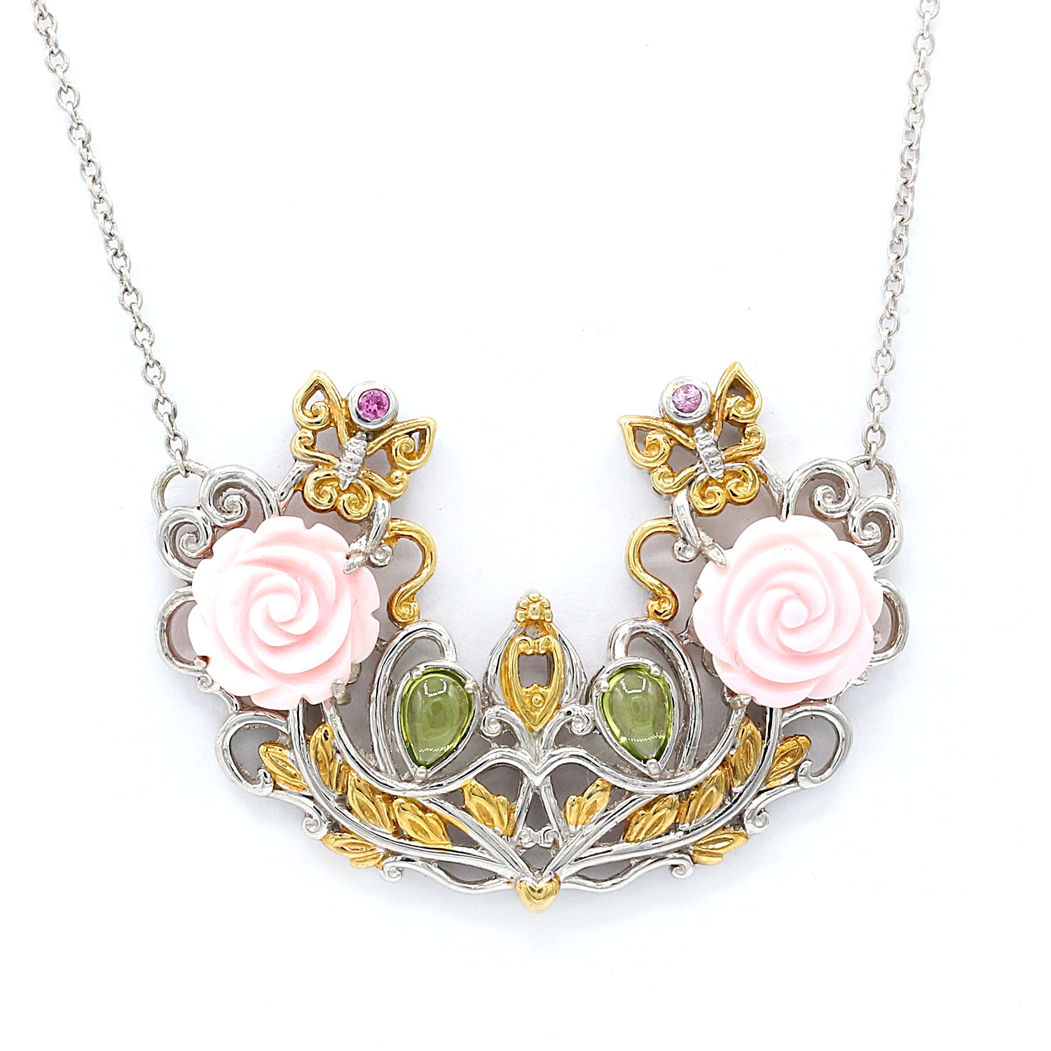Gems en Vogue Pink Conch Shell, Peridot & Pink Sapphire Flower & Butterfly Necklace