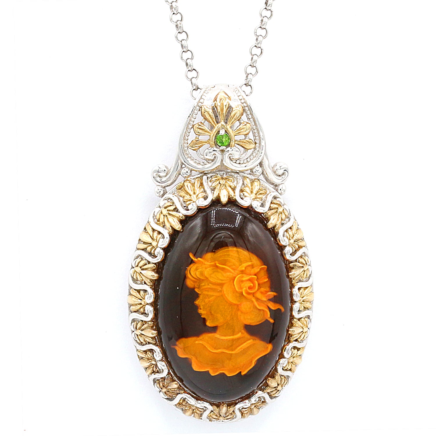 Gems en Vogue Carved Black Amber & Chrome Diopside Lady Pendant