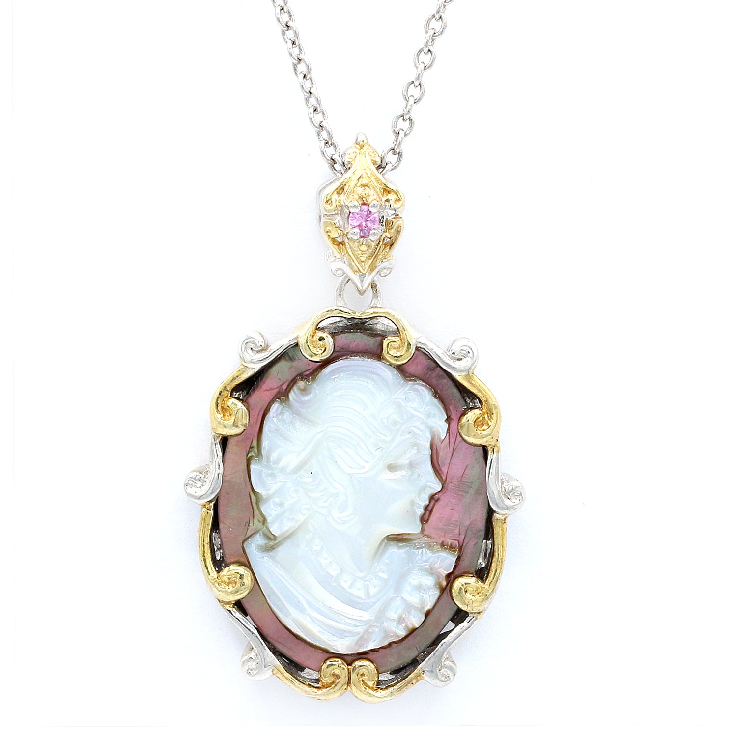 Gems en Vogue Carved Tahitian Shell Cameo & Pink Sapphire Lady Pendant