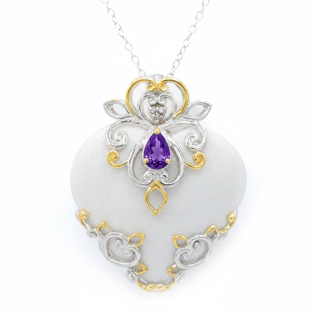 Gems en Vogue Heart shaped White Agate, Amethyst & White Sapphire Pendant