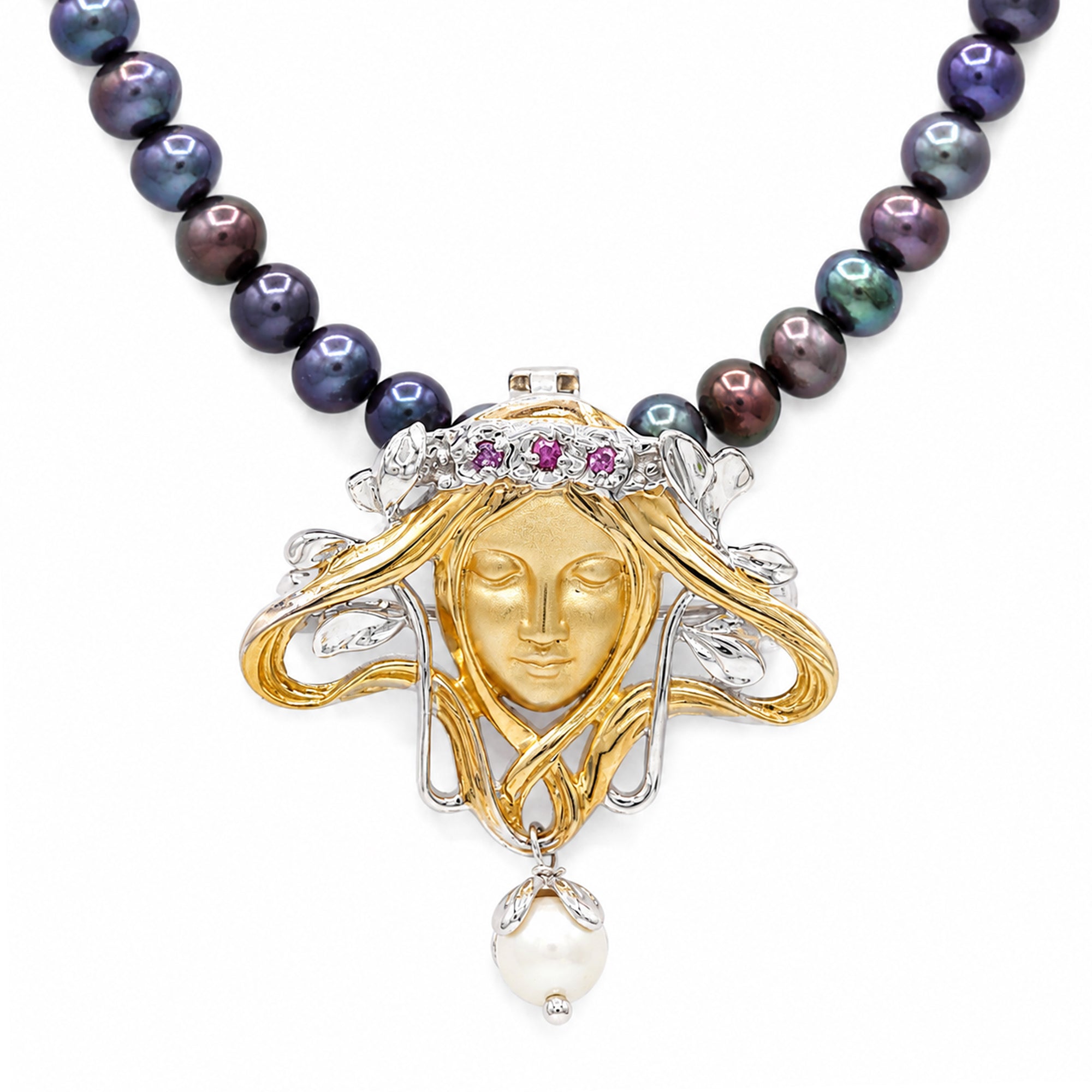 Gems en Vogue 24K Palladium Silver Pearl & Pink Sapphire Art Nouveau Goddess Necklace