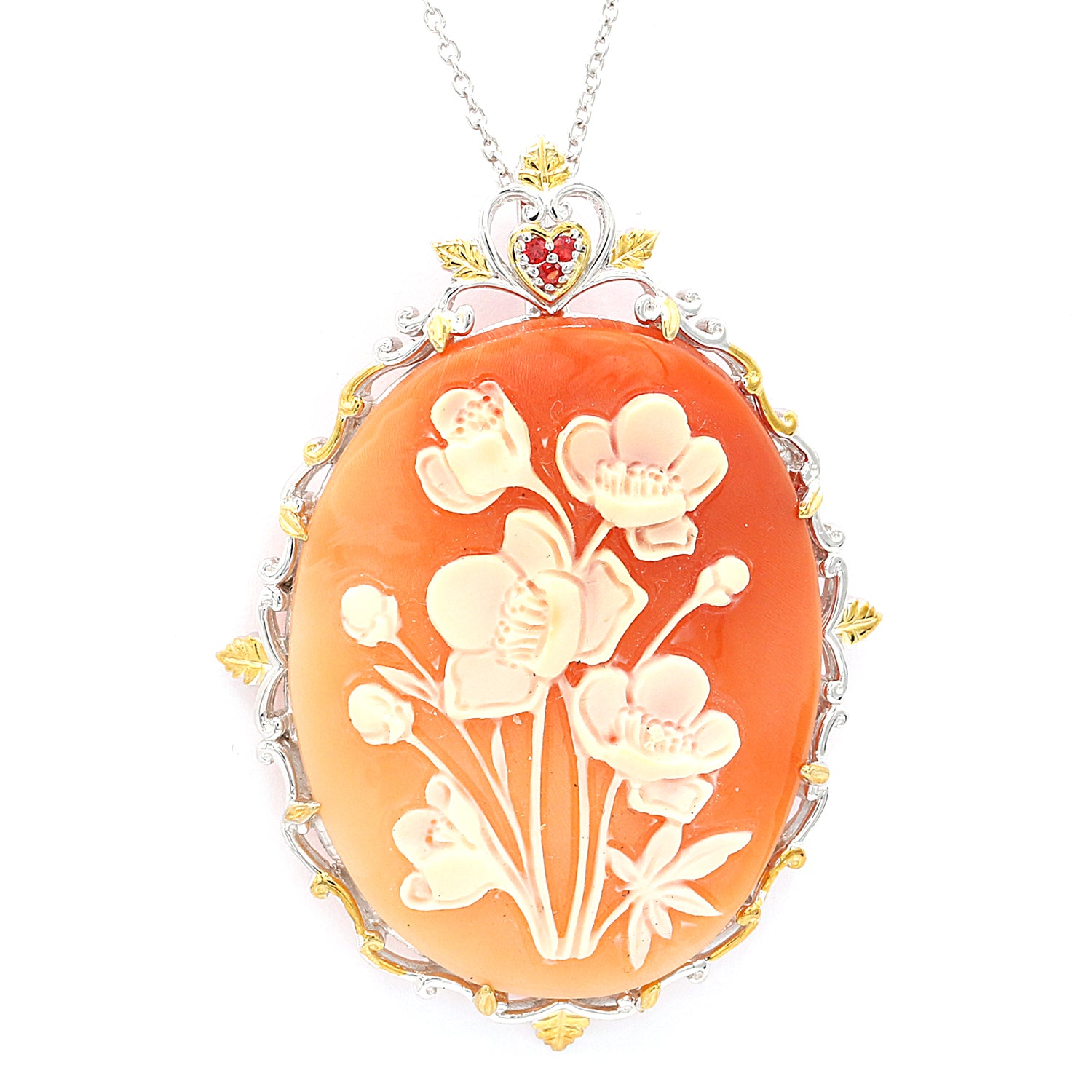 Gems en Vogue Carved Cameo & Orange Sapphire Flower Pendant