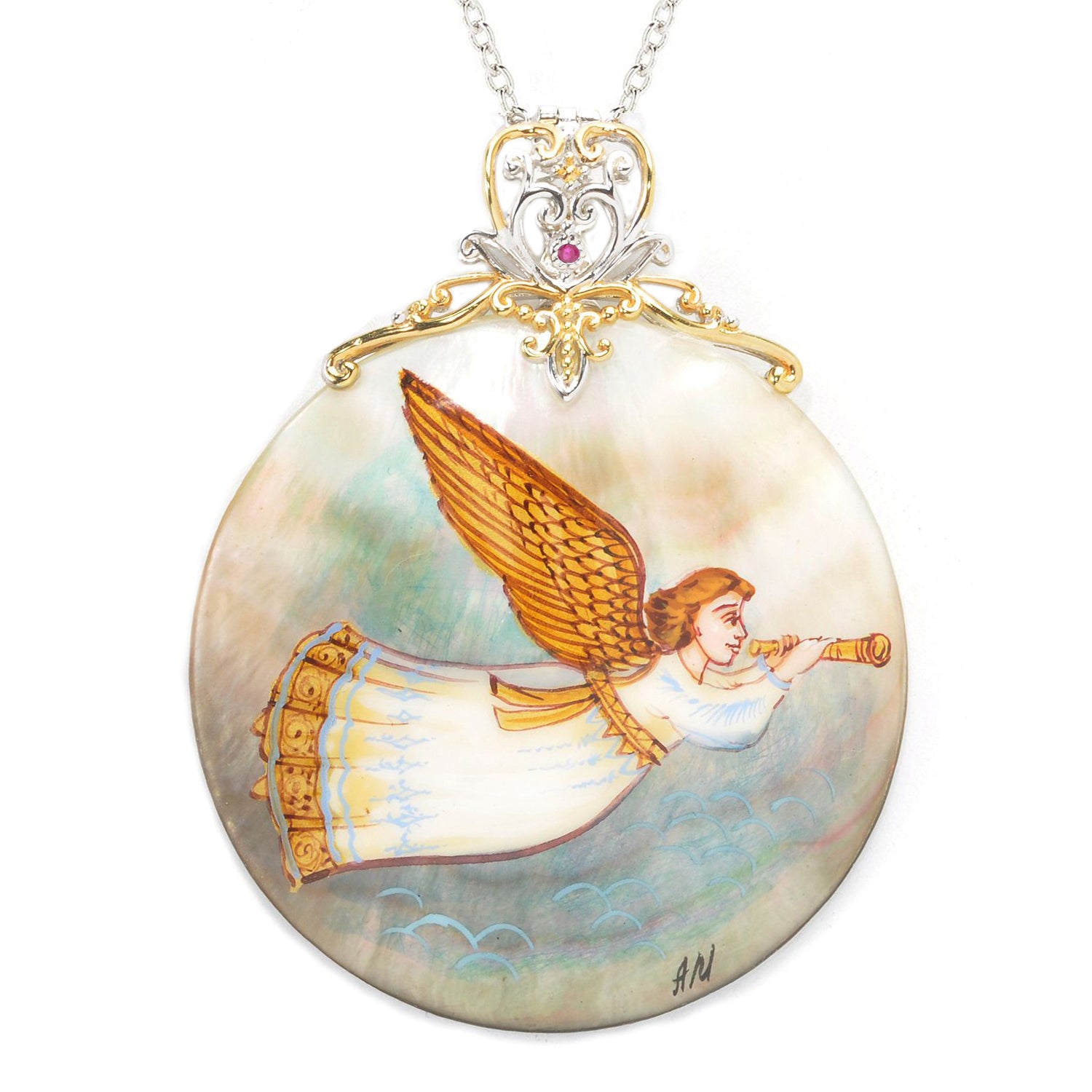 Gems en Vogue Hand Painted Mother-of-Pearl & Blue Sapphire or Ruby Christmas Angel Horn pendant