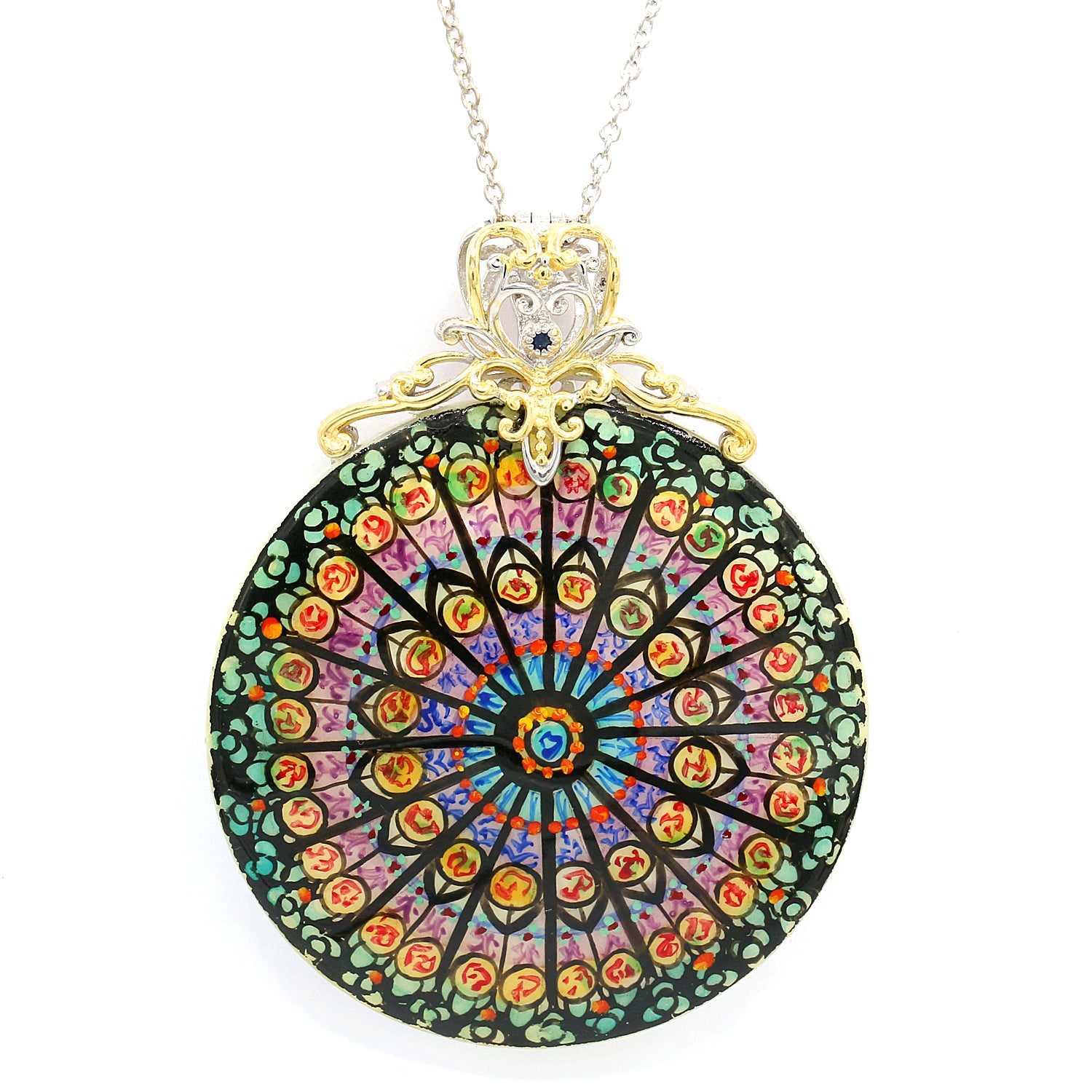 Gems en Vogue Hand-Painted Shell & Blue Sapphire Notre Dame Pendant