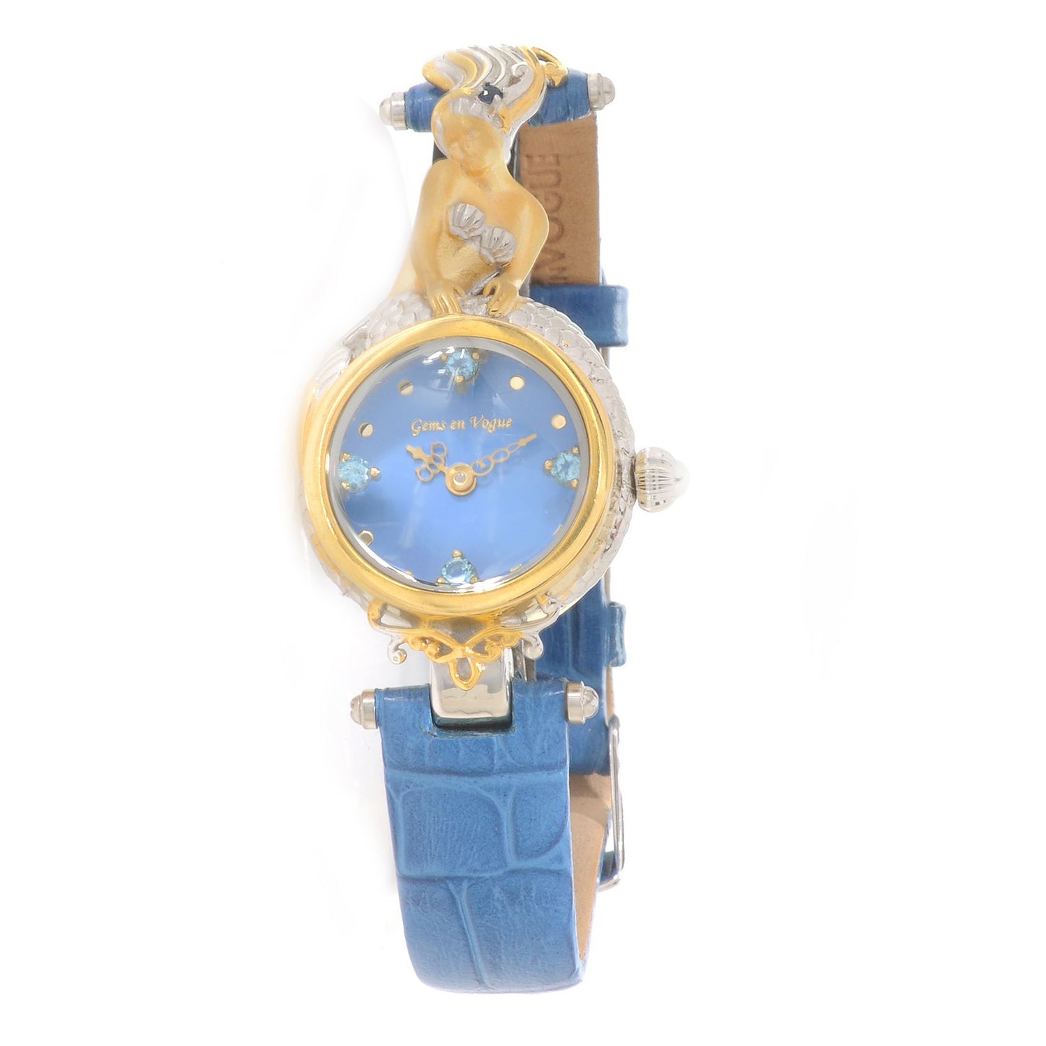 Gems en Vogue Blue Sapphire & Swiss Blue Topaz Mermaid Leather Strap Watch