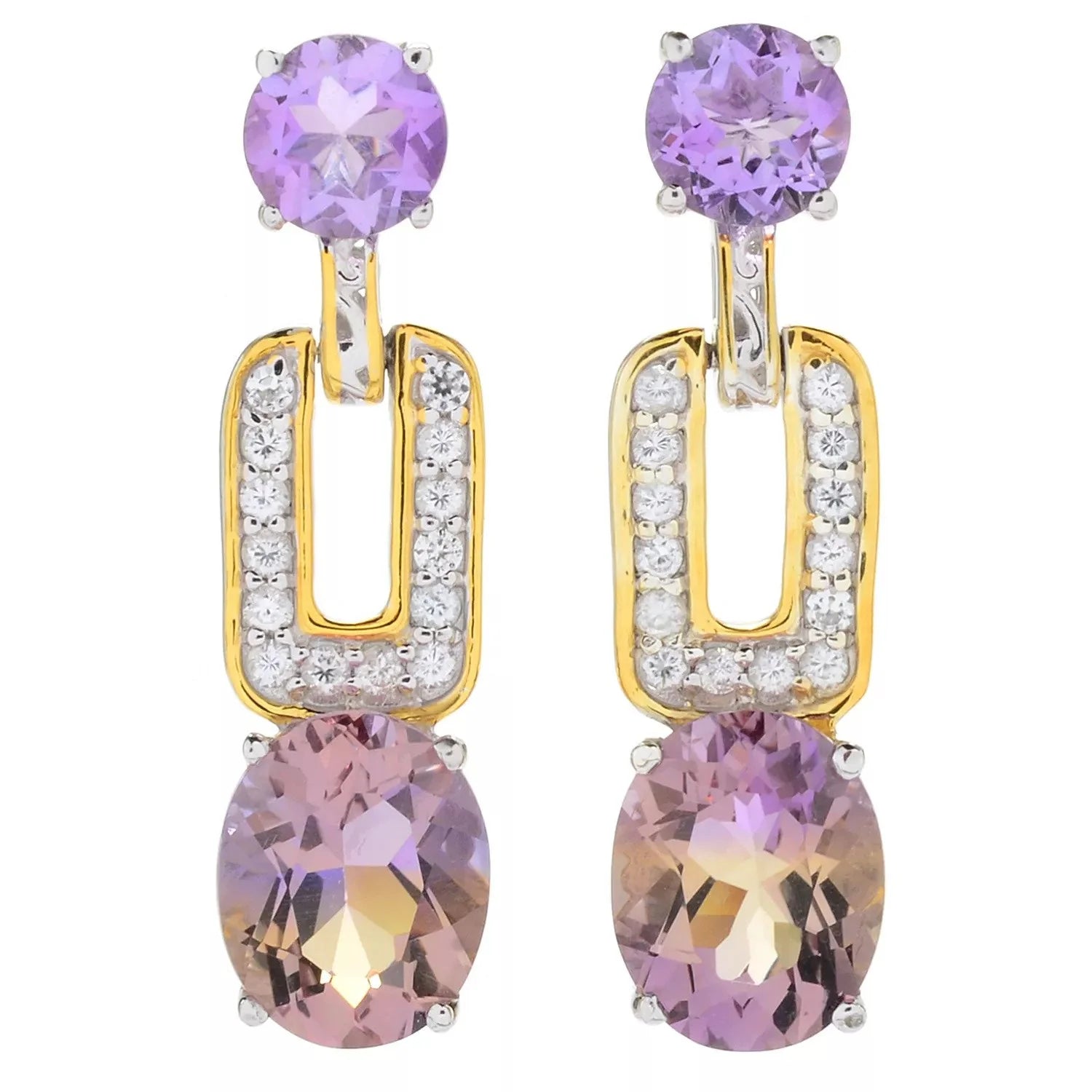 Gems en Vogue 7.01ctw Ametrine, Brazilian Amethyst & White Zircon Earrings