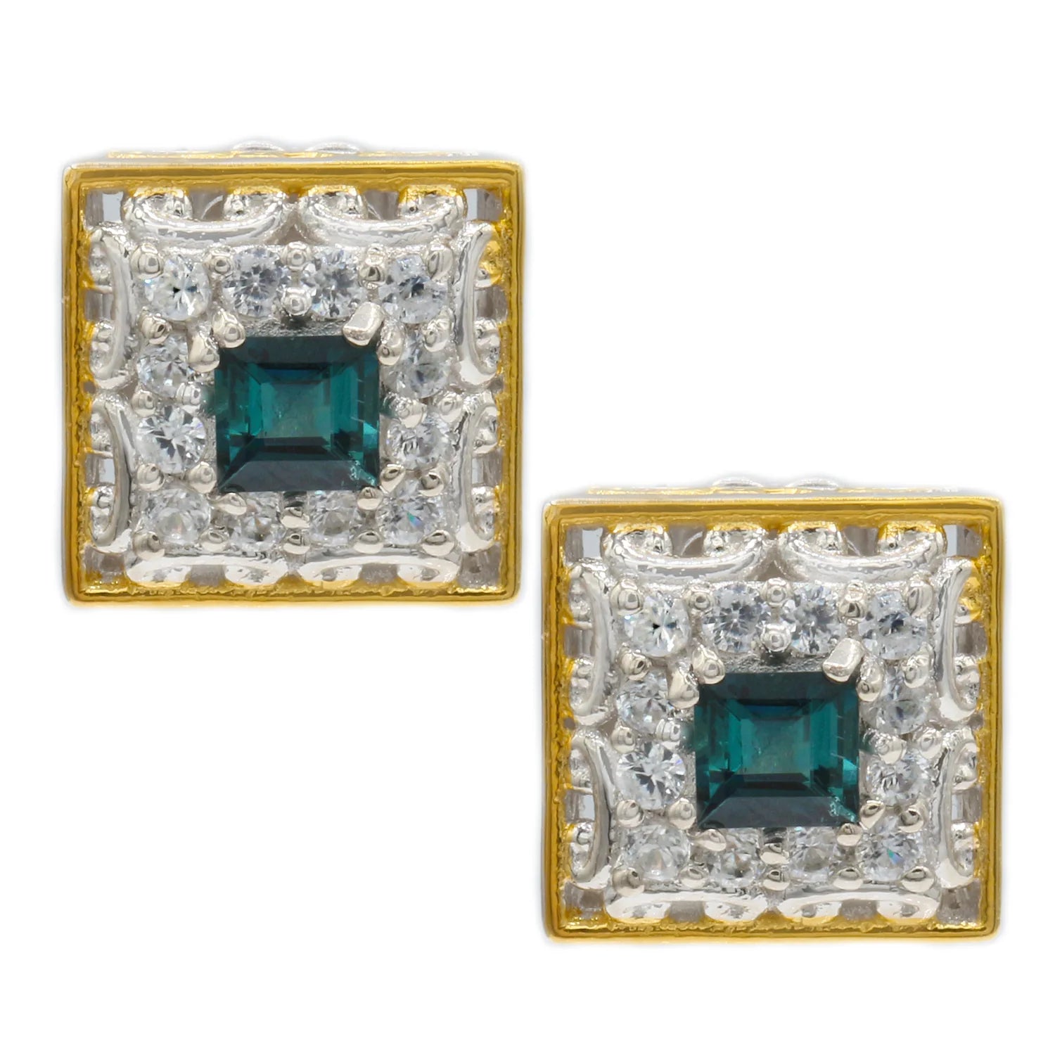 Gems en Vogue 1.06ctw Indicolite and White Zircon Halo Stud Earrings