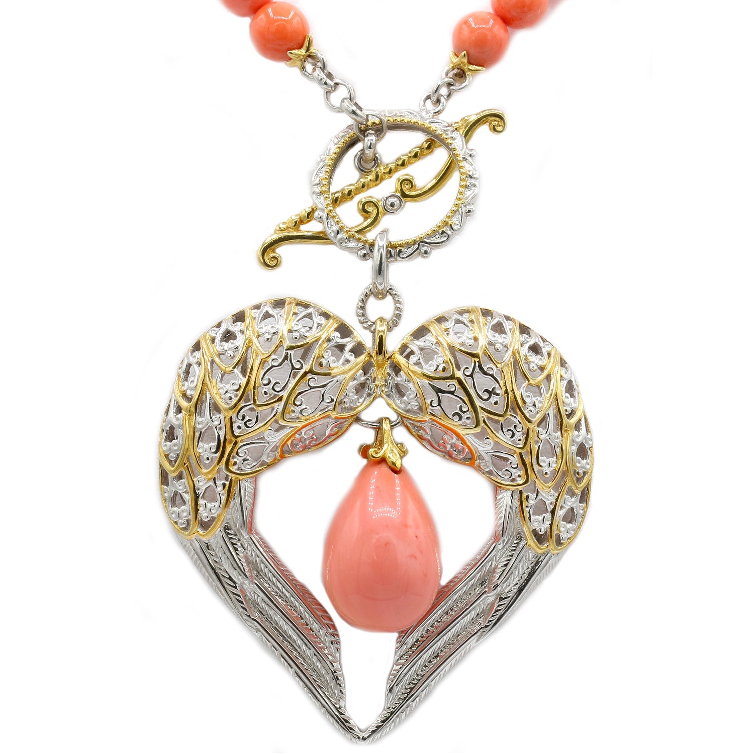 Gems en Vogue Salmon Coral Winged Heart Necklace