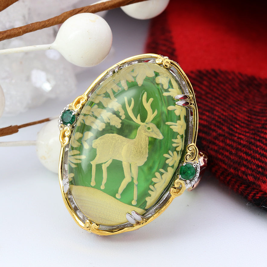 Bague renne Gems en Vogue en ambre vert sculpté et topaze Paraíba