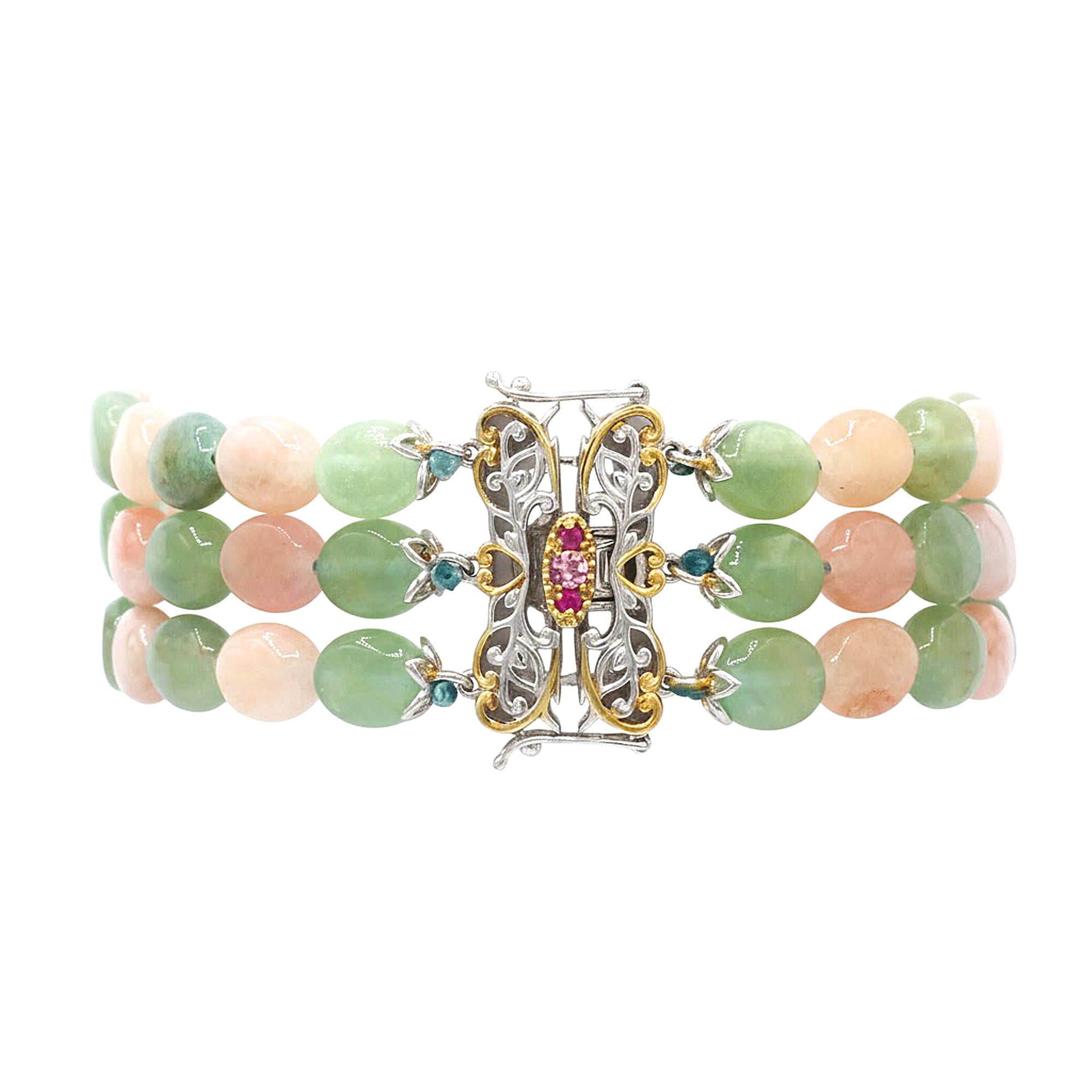 Gems en Vogue 24K Palladium Silver Beryl, Pink Tourmaline & Sapphire Three Strand Bead Bracelet