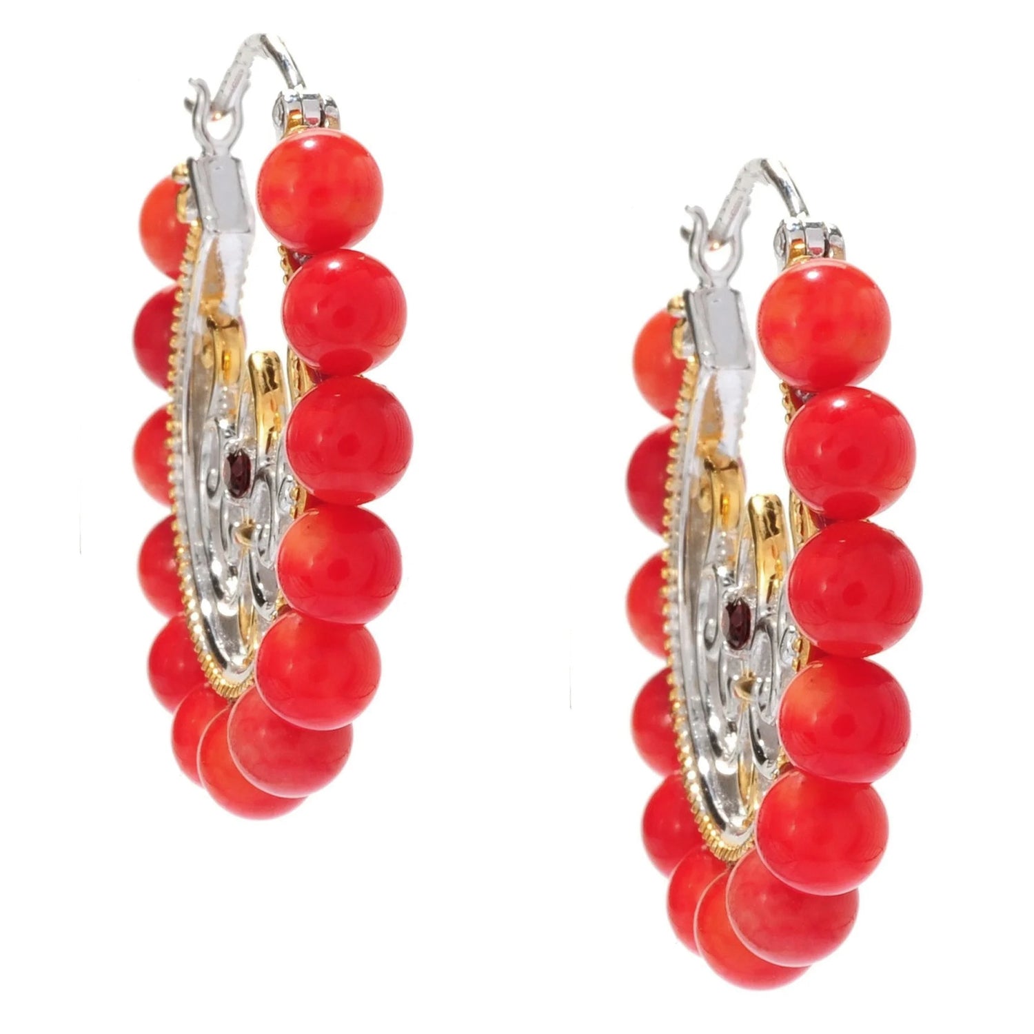 Gems en Vogue Red Coral Bead & Garnet Hoop Earrings