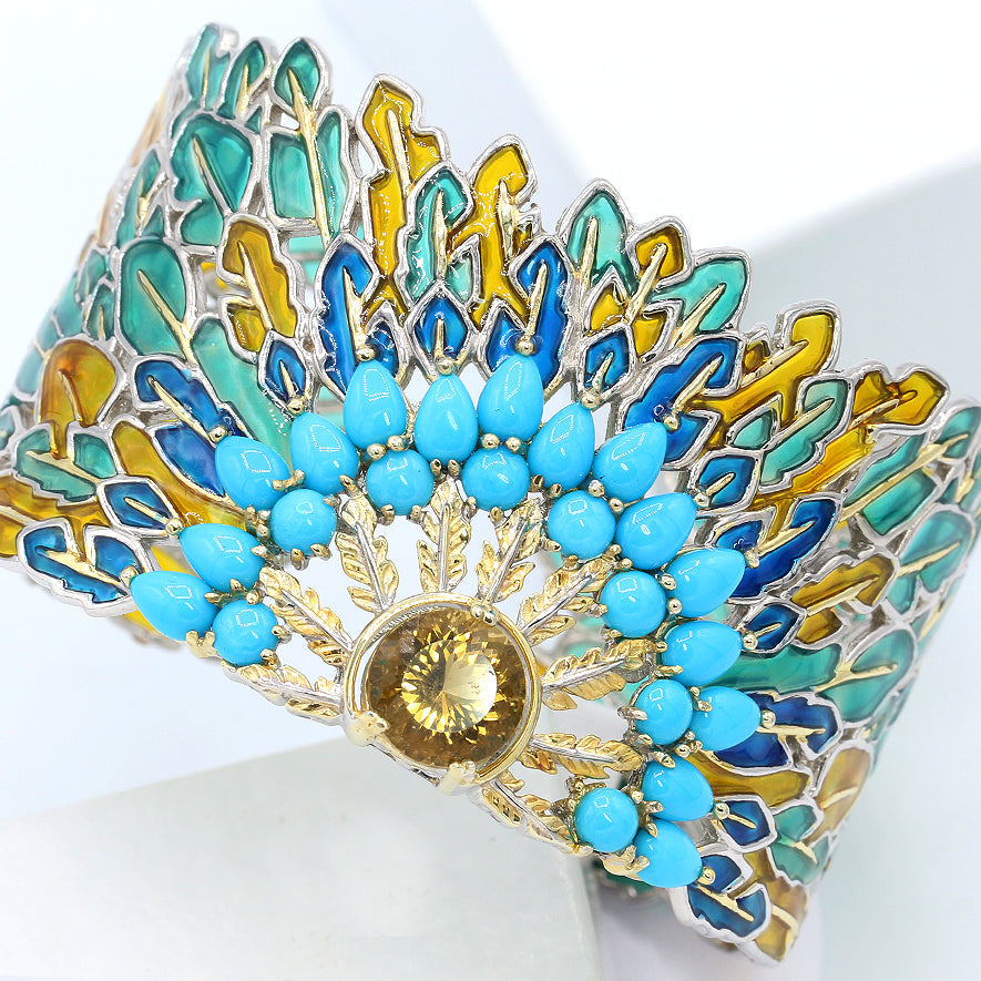 Gems en Vogue Luxe Collection, Citrine & Sleeping Beauty Turquoise Peacock Cuff Bracelet