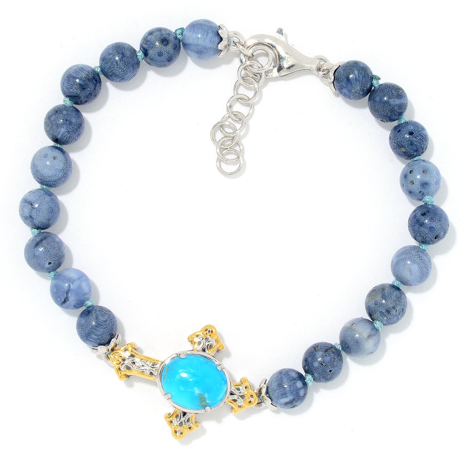 Gems en Vogue Kaolin Turquoise & Blue Coral Beaded Cross Bracelet
