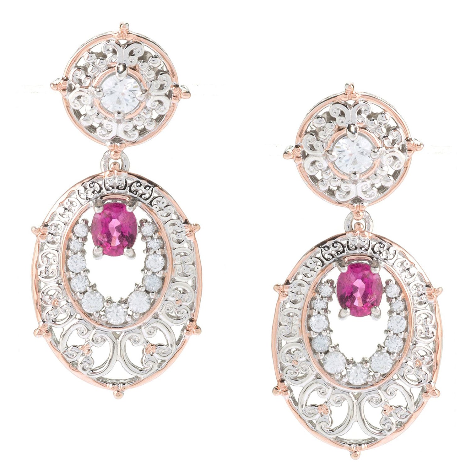 Gems en Vogue 3.20ctw Rubellite & White Zircon Drop Earrings