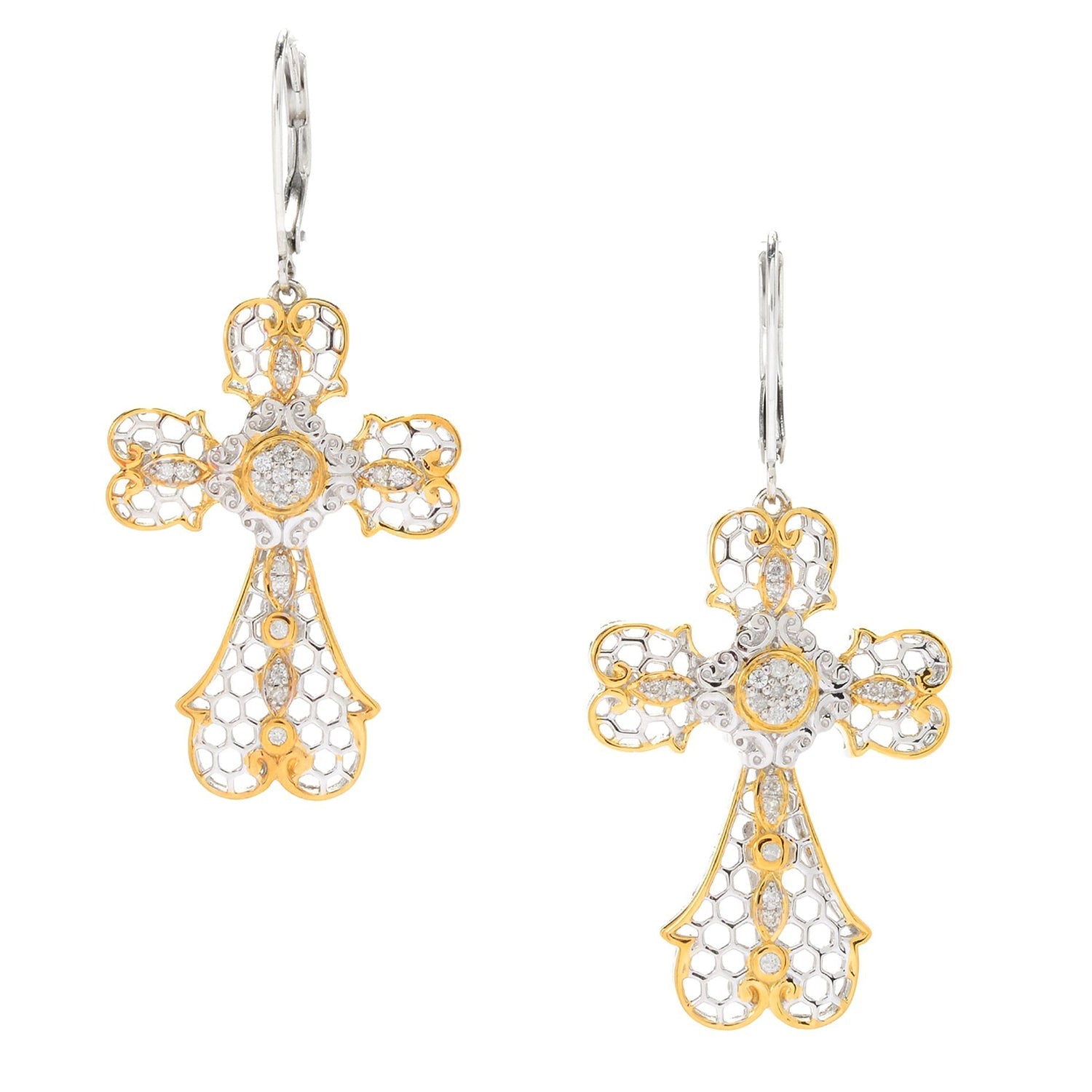 Gems en Vogue 0.19ctw Diamond Openwork Cross Drop Earrings