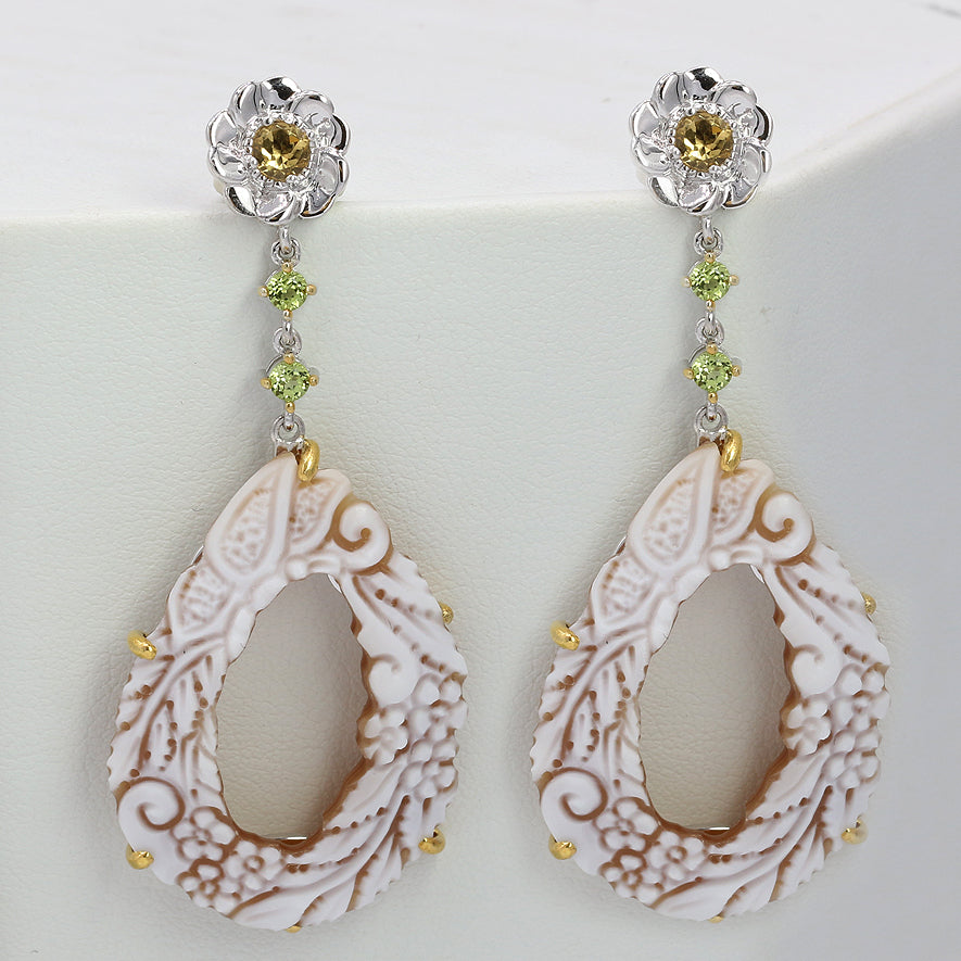 Gems en Vogue Carved Shell Cameo & Multi Gemstone Drop Earrings