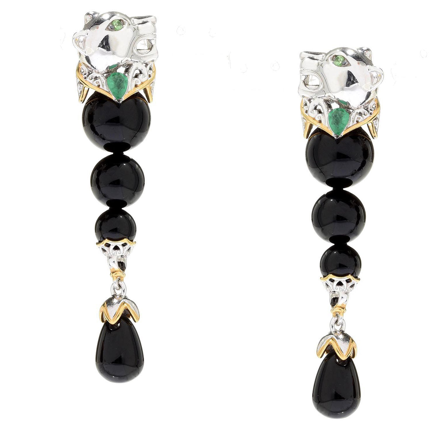 Gems en Vogue Black Onyx, Zambian Emerald & Tsavorite Panther Drop Earrings