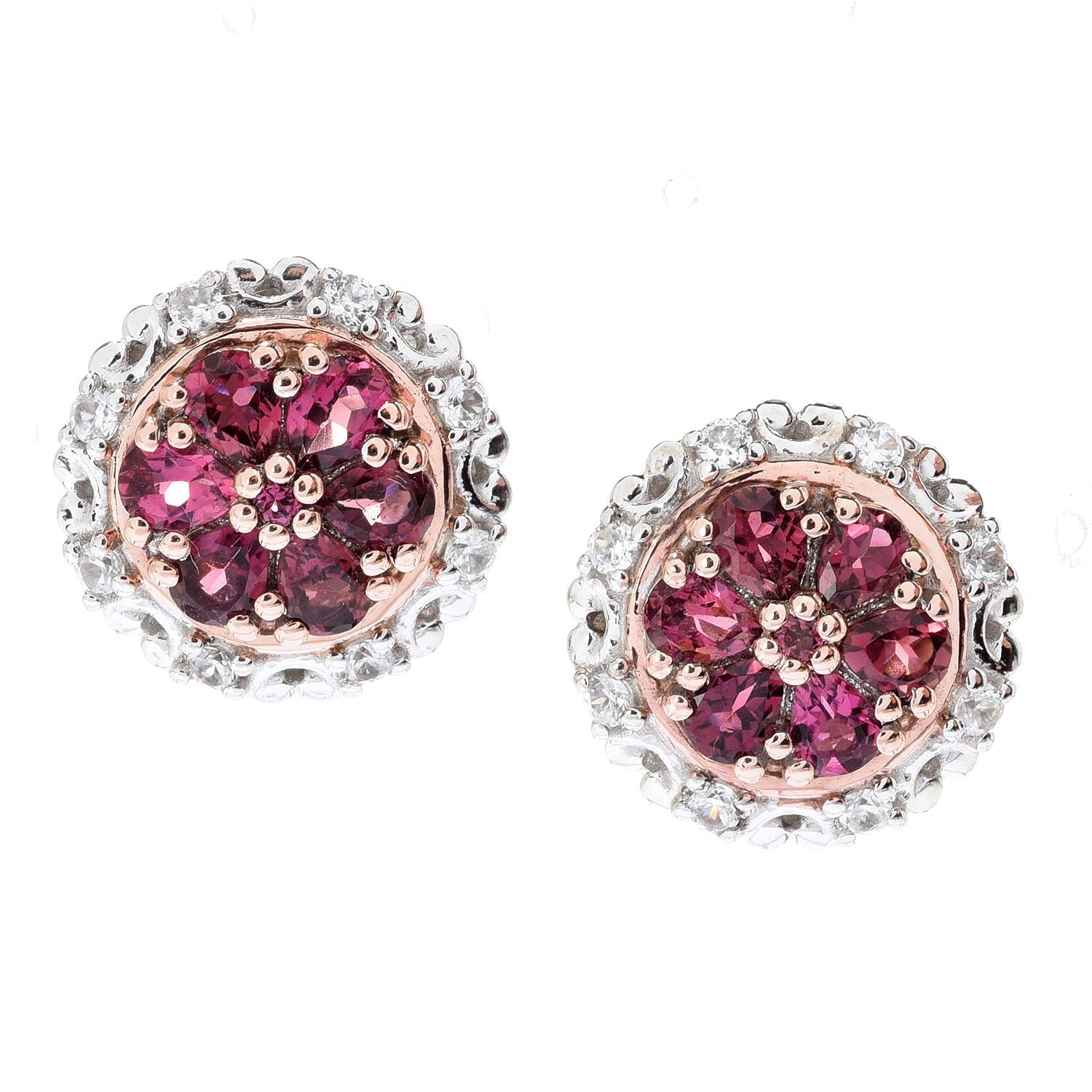 Gems en Vogue 2.82ctw Pink Tourmaline & White Zircon Cluster Stud Earrings
