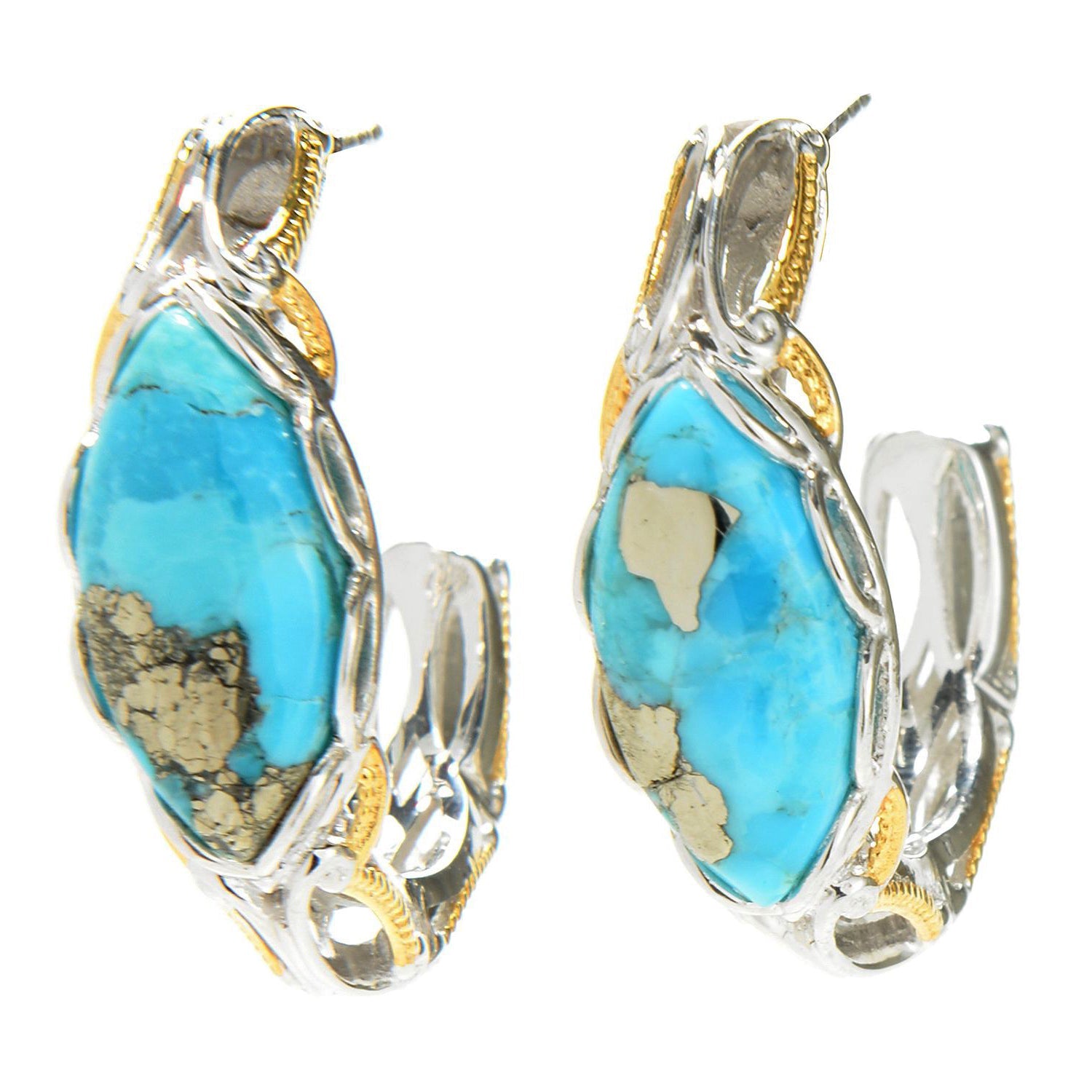 Gems en Vogue Marquise Shaped Pyrite Turquoise J-Hoop Earrings
