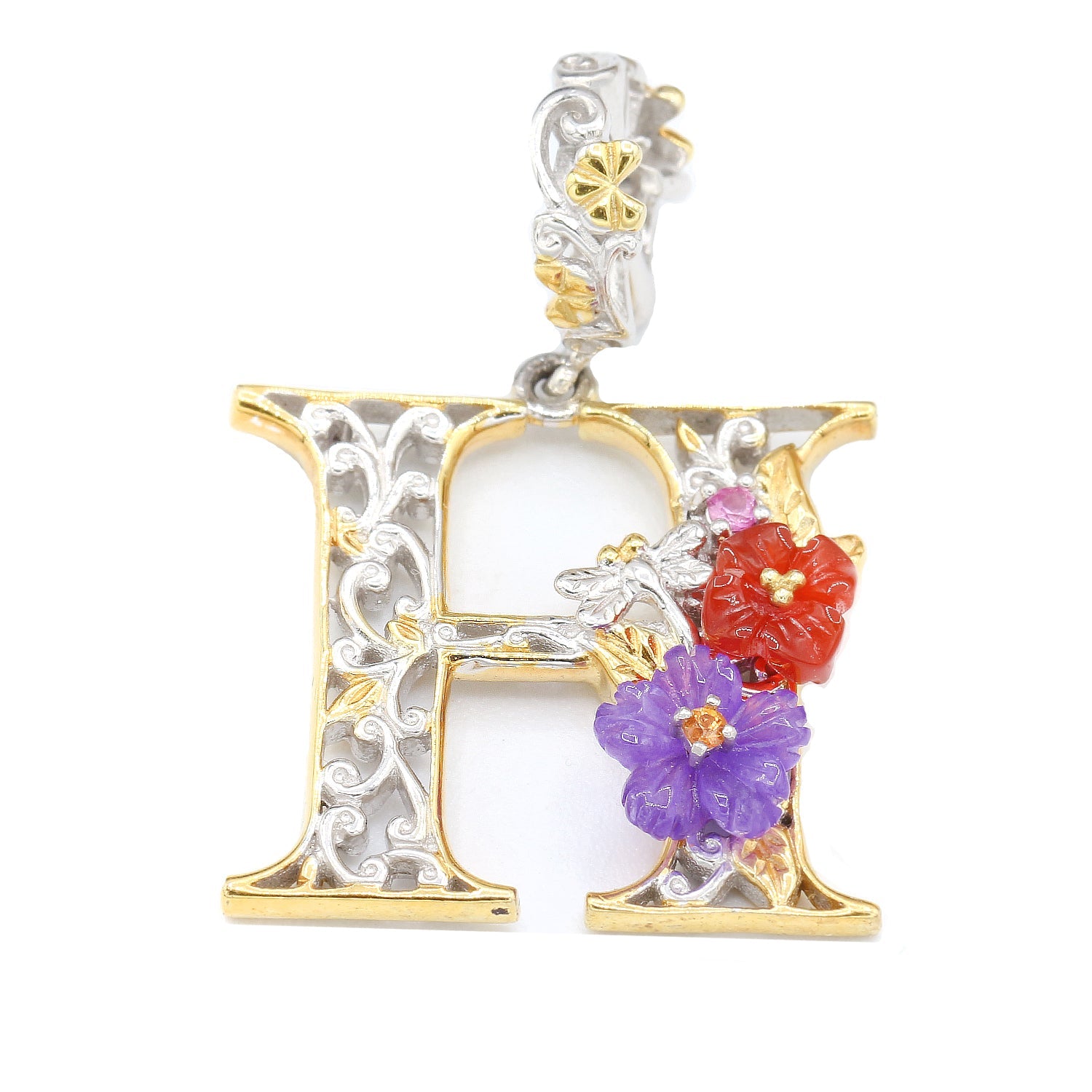 Gems en Vogue Choice of Initial Amethyst Carnelian & Sapphire Flower Charm