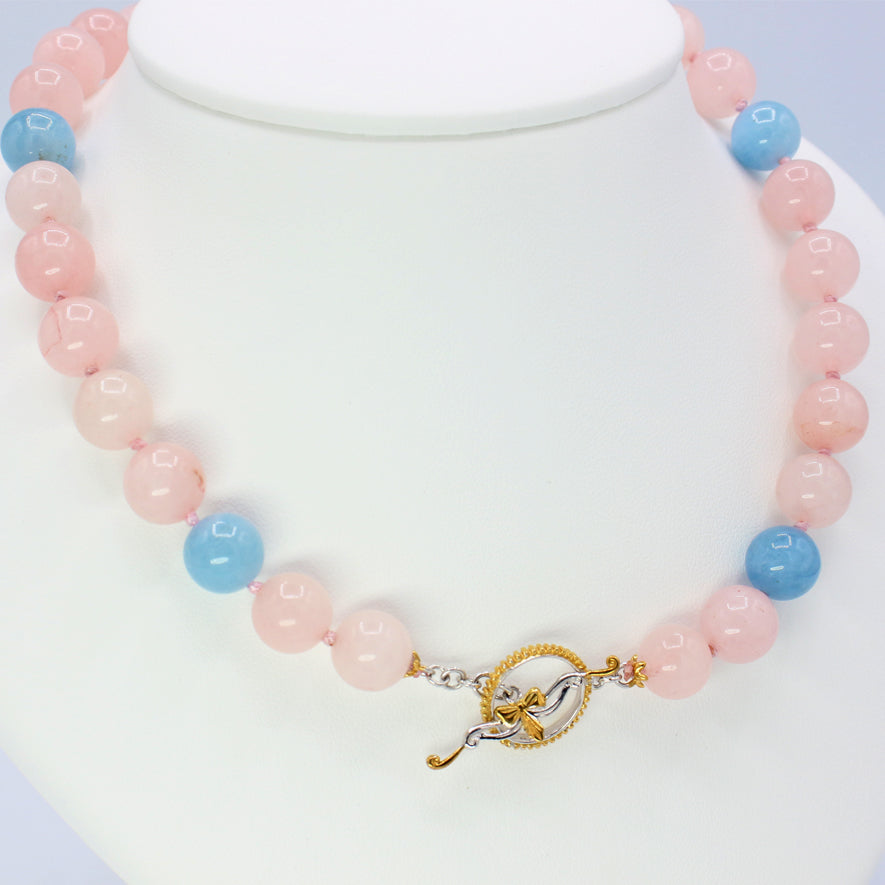 Gems en Vogue Rose Quartz & Aquamarine Bead Toggle Necklace