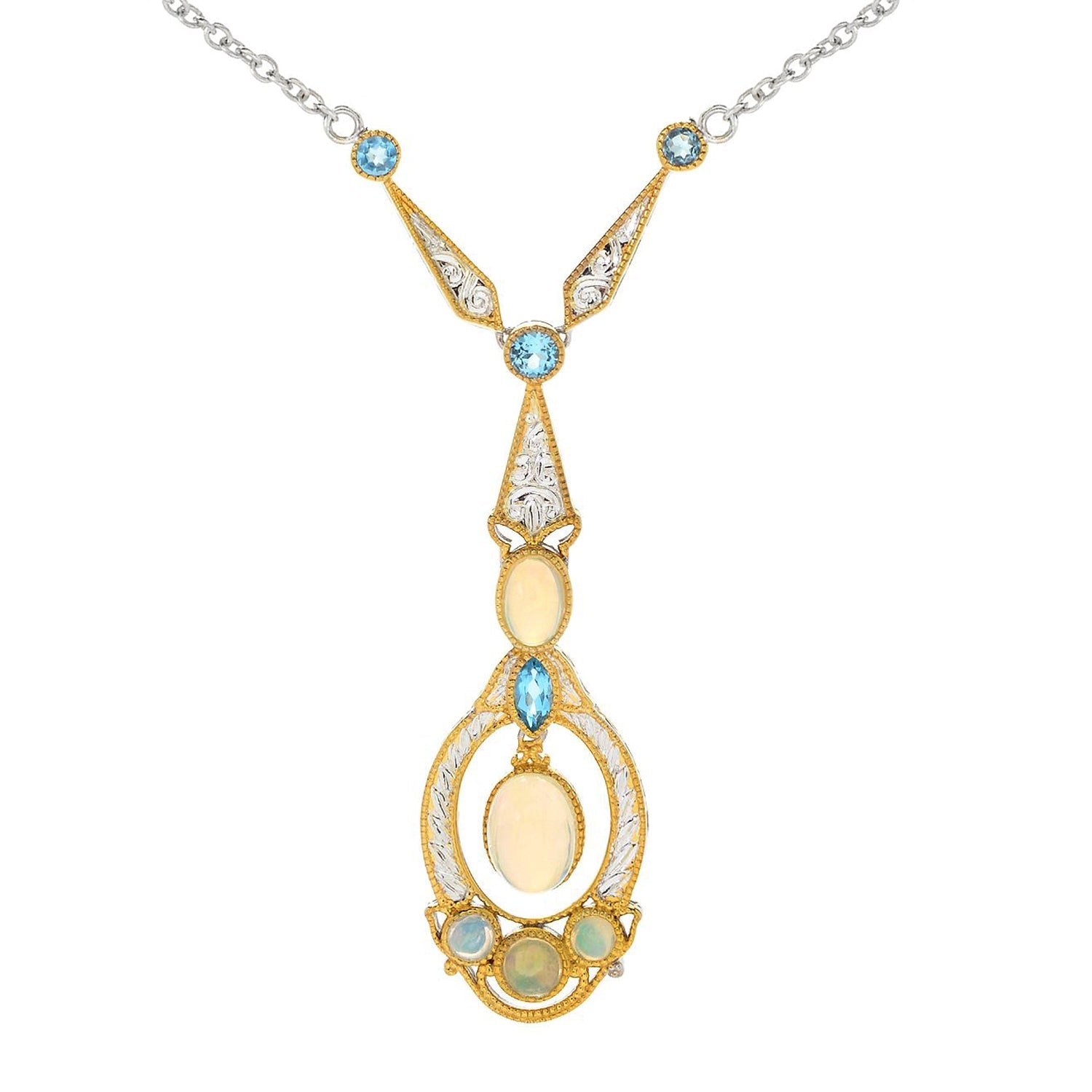 Gems en Vogue Hand Engraved Ethiopian Opal & Swiss Blue Topaz Necklace