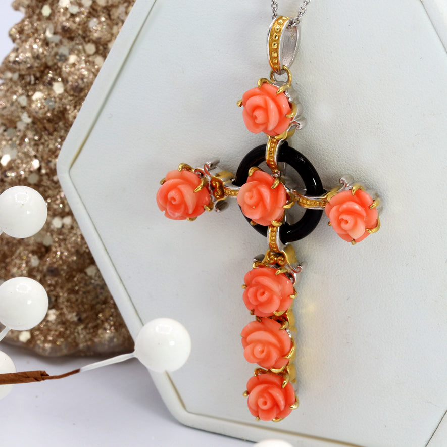 Gems en Vogue Italy Carved Coral Flower & Gemstone Cross Pendant