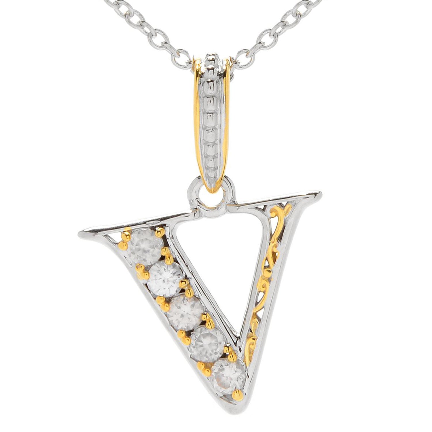 Gems en Vogue White Zircon 5-Stone Initial Pendant - V