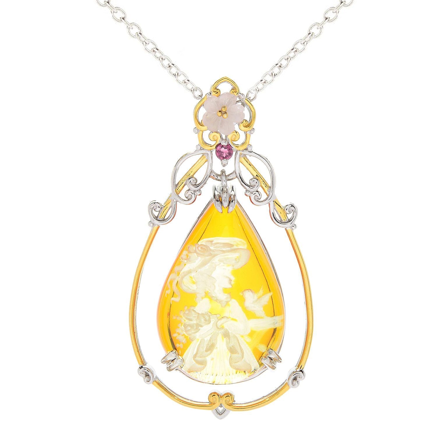 Gems en Vogue Carved Amber Intaglio & Choice Of Gemstone Lady & Flower Pendant