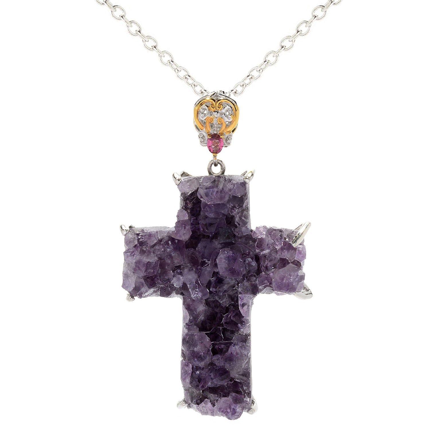 Gems en Vogue Amethyst Druzy & Pink Tourmaline Cross Pendant