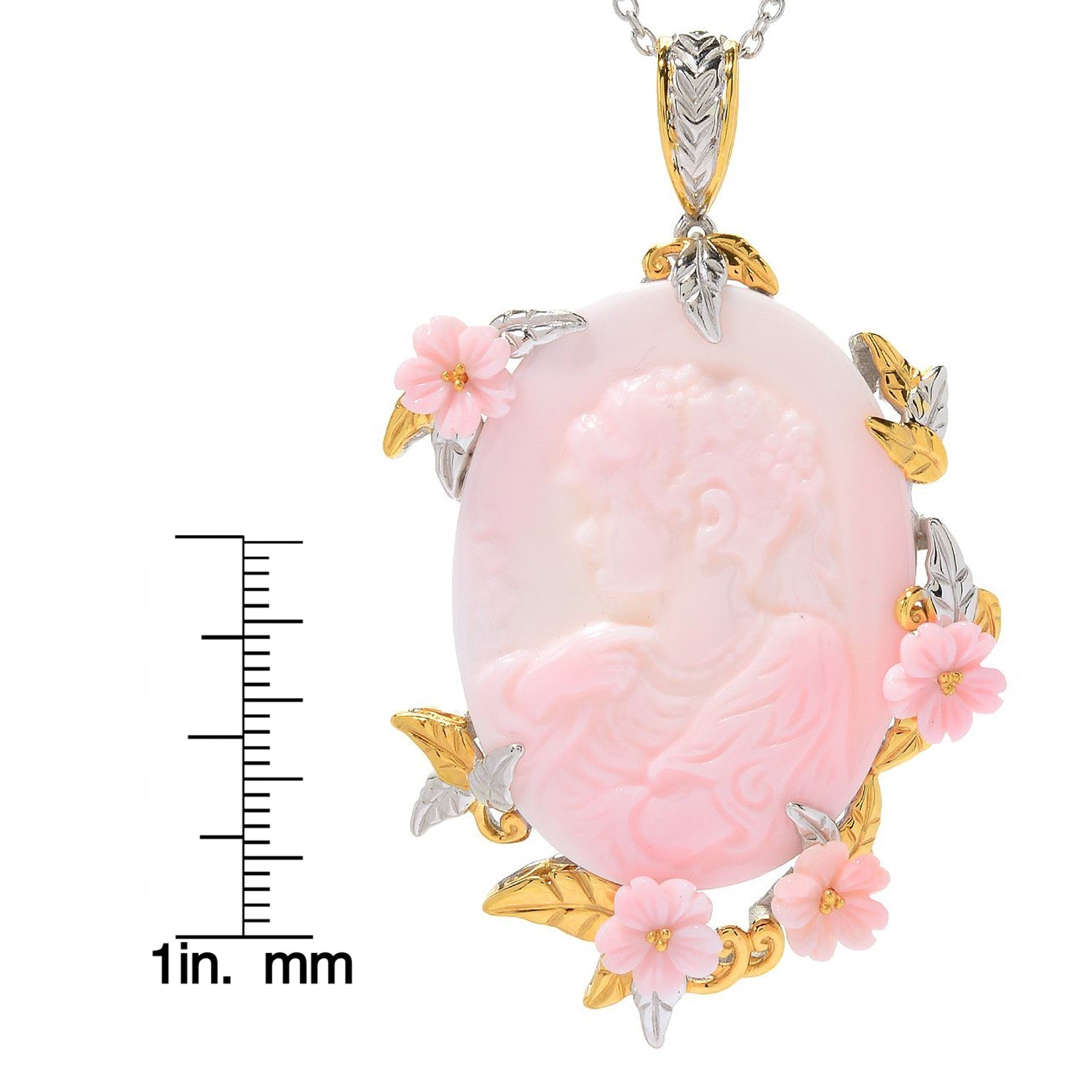 Gems en Vogue Carved Pink Conch Shell Portrait & Flower Cameo Pendant