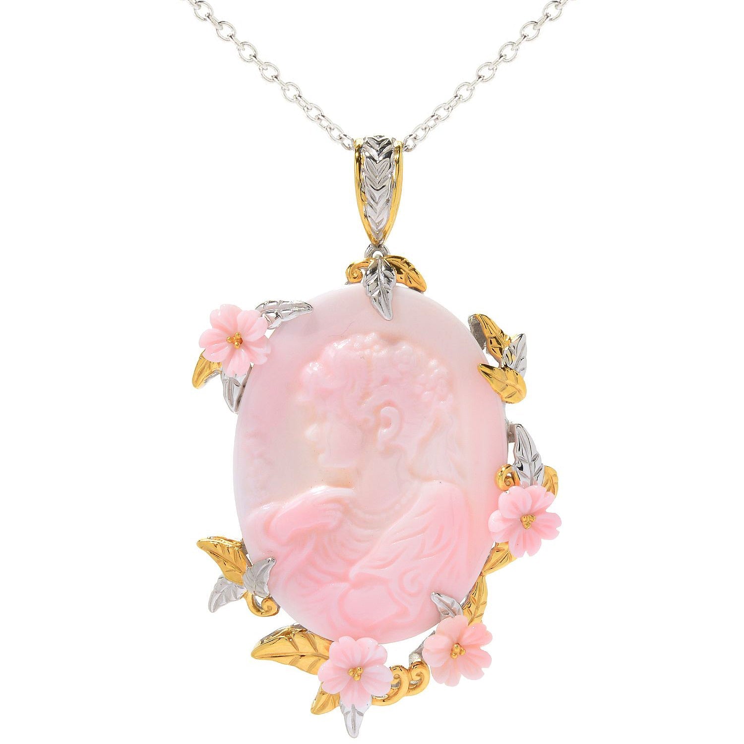 Gems en Vogue Carved Pink Conch Shell Portrait & Flower Cameo Pendant