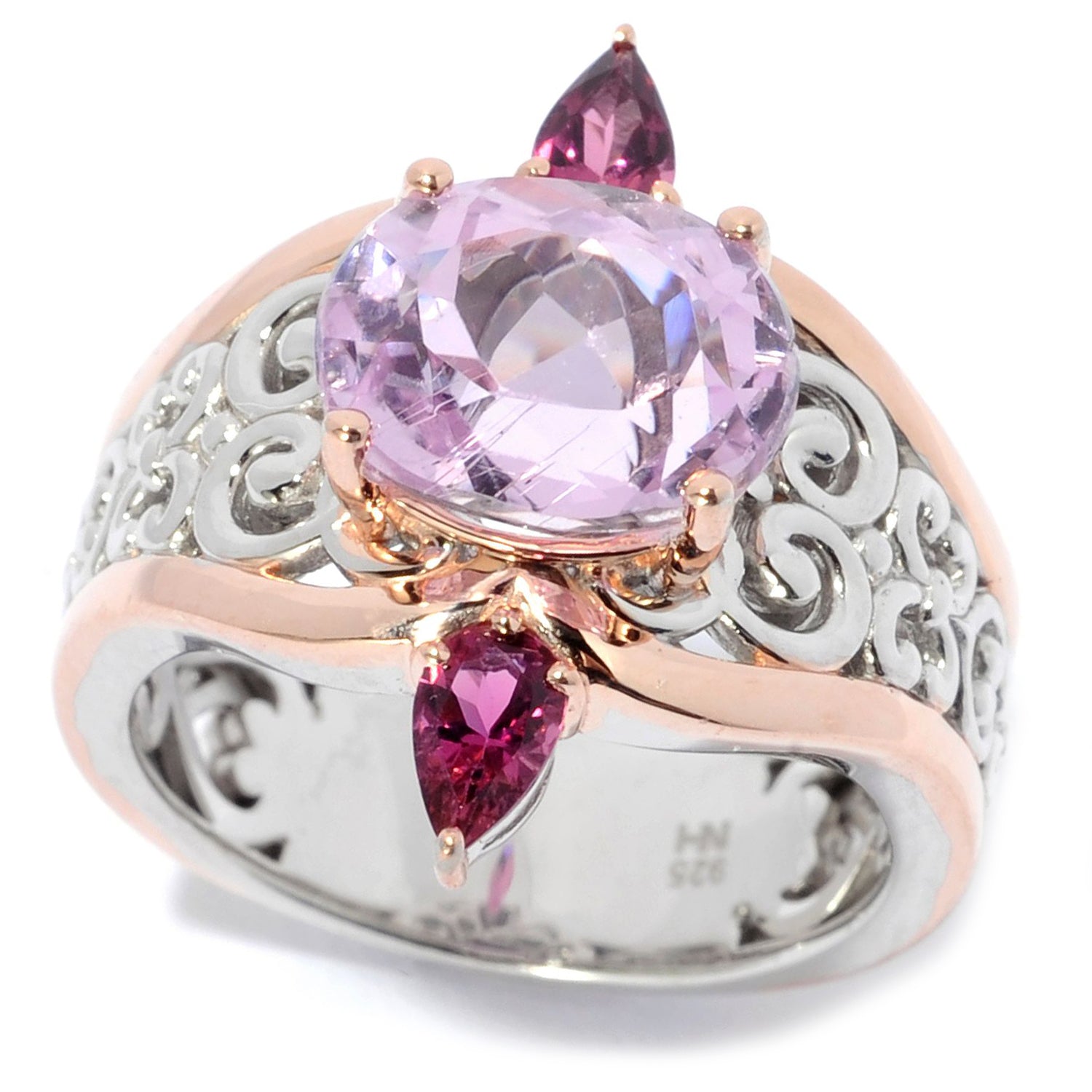Gems en Vogue 3.96ctw Pastel Kunzite & Pink Tourmaline Scrollwork Ring