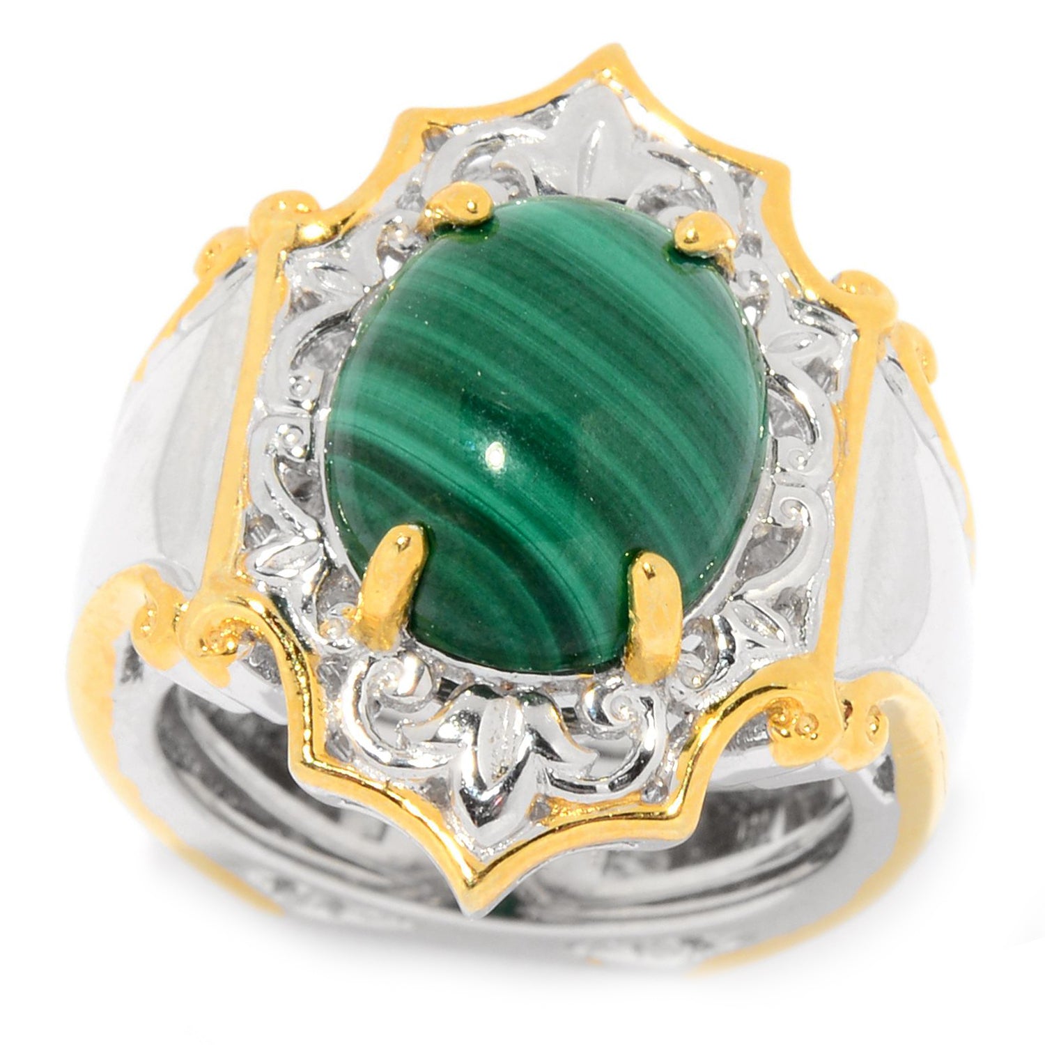Gems en Vogue Malachite Scrollwork Shield Ring