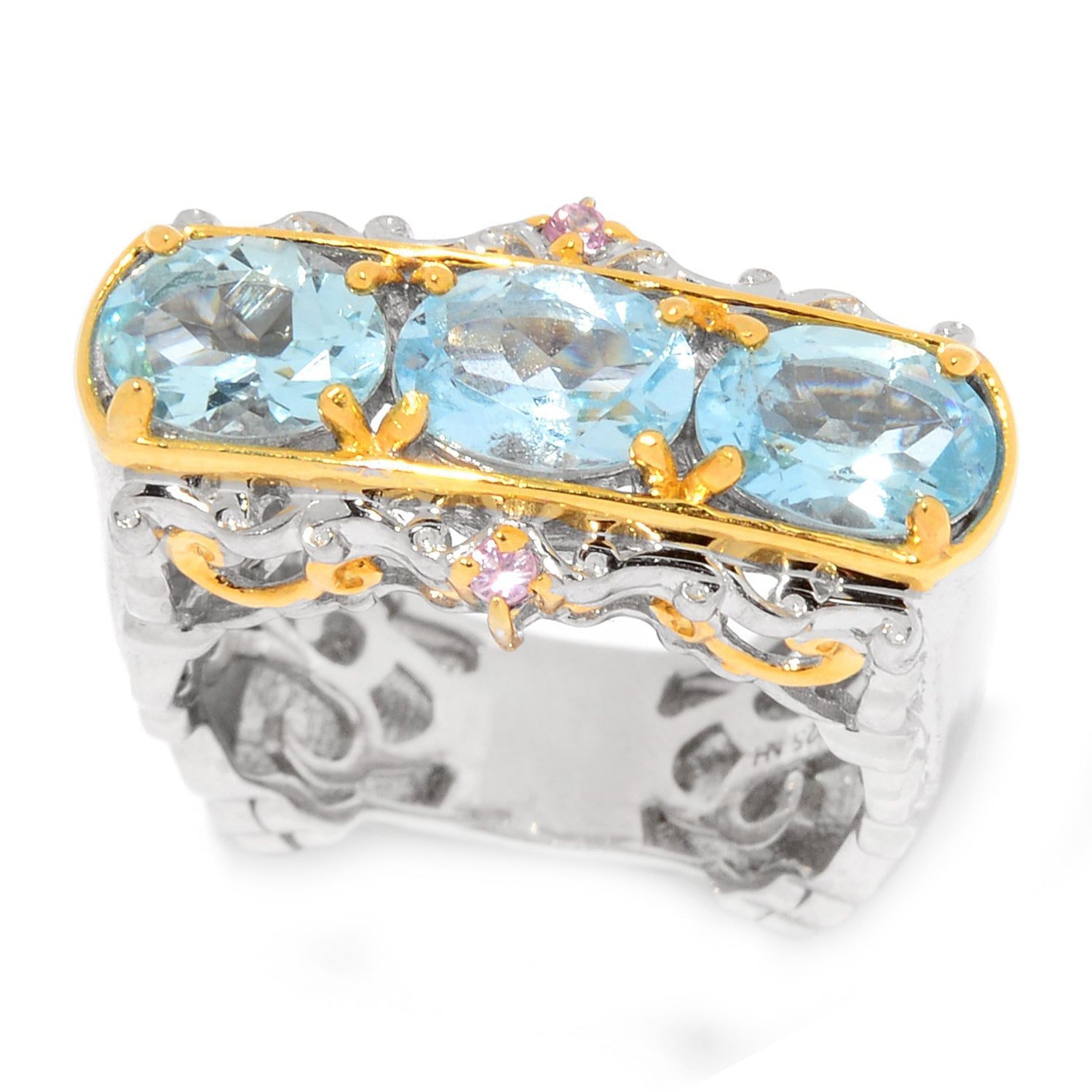 Gems en Vogue 2.80ctw Aquamarine & Pink Sapphire Three Stone Ring